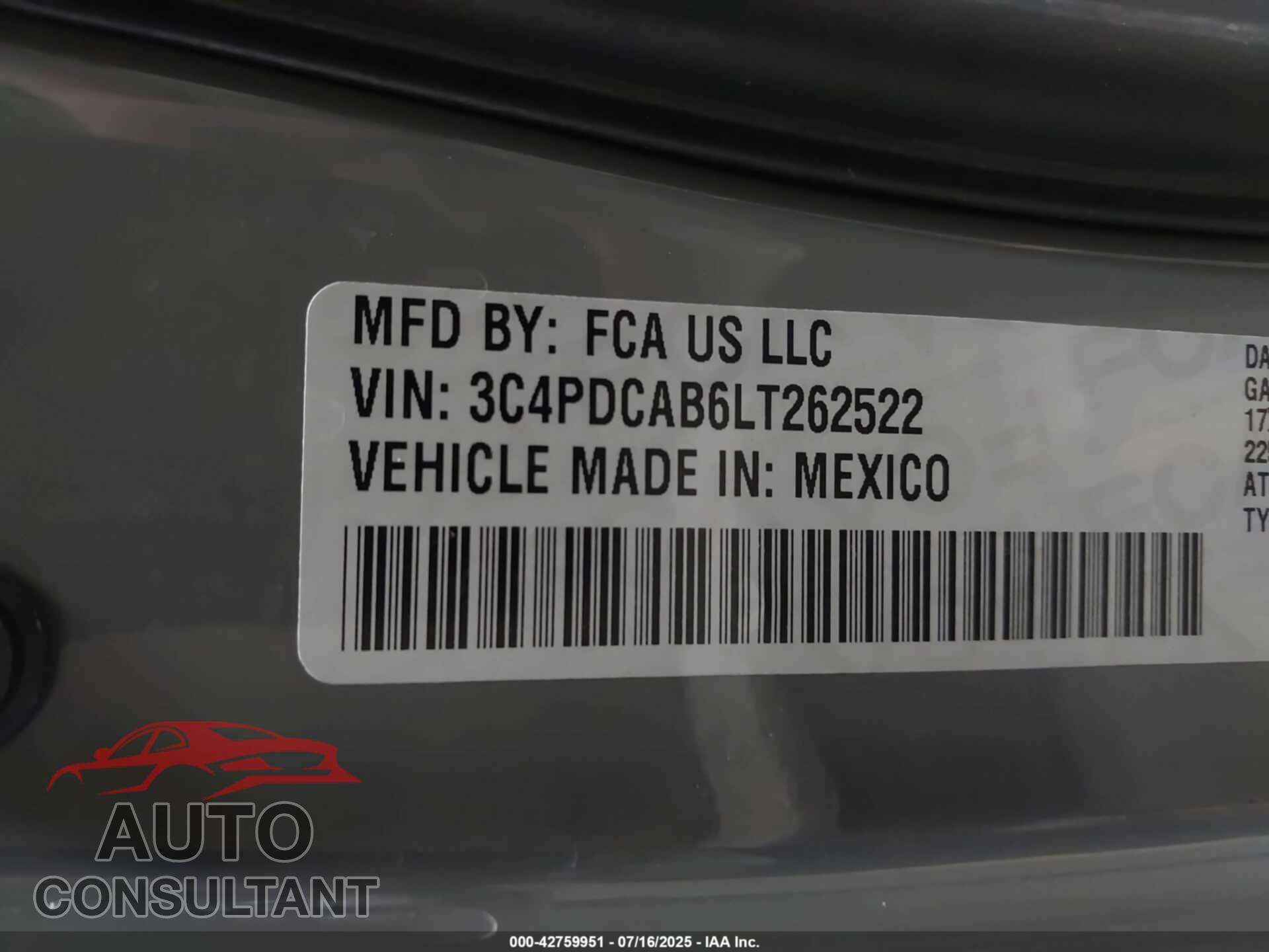DODGE JOURNEY 2020 - 3C4PDCAB6LT262522