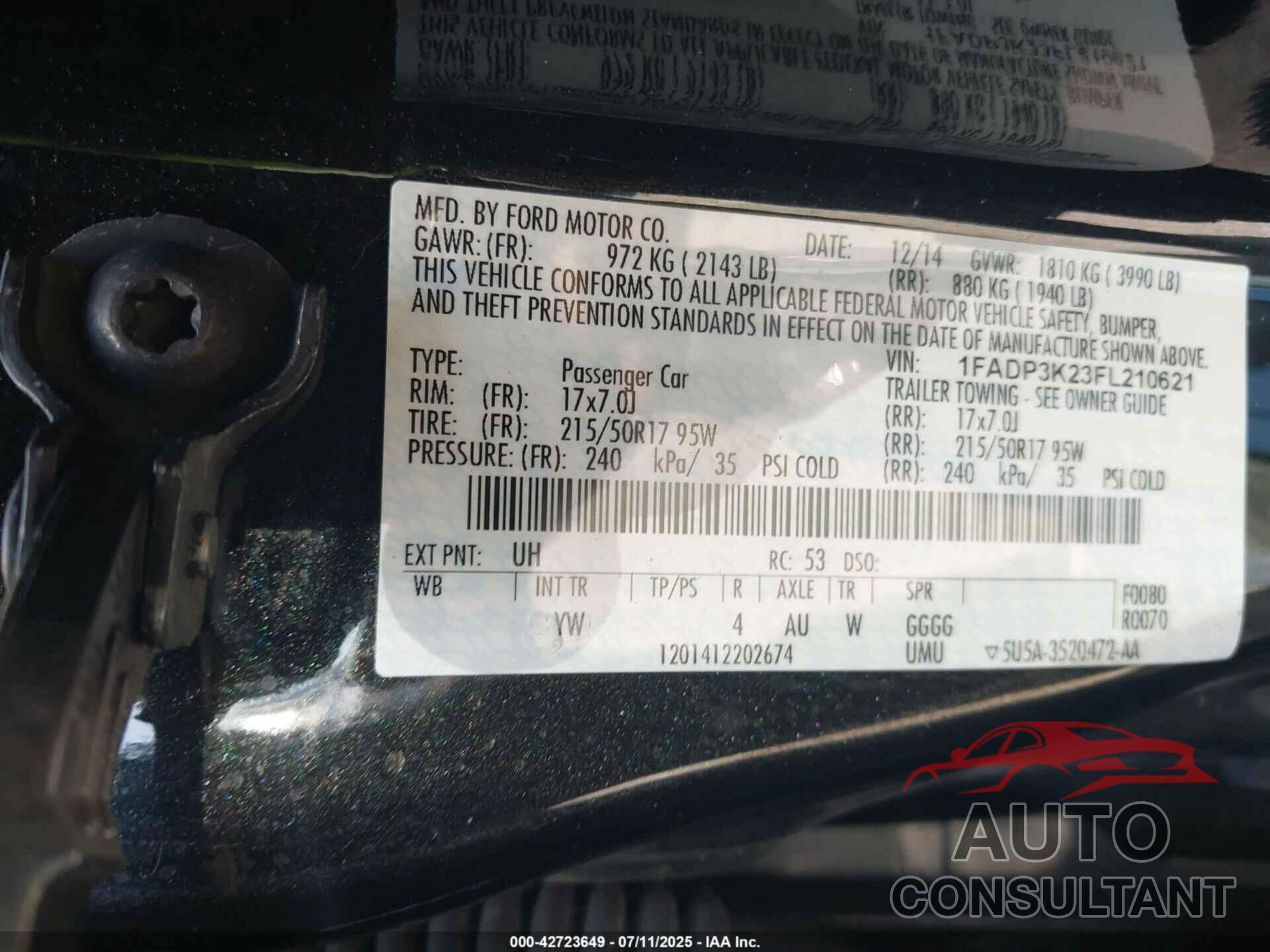 FORD FOCUS 2015 - 1FADP3K23FL210621
