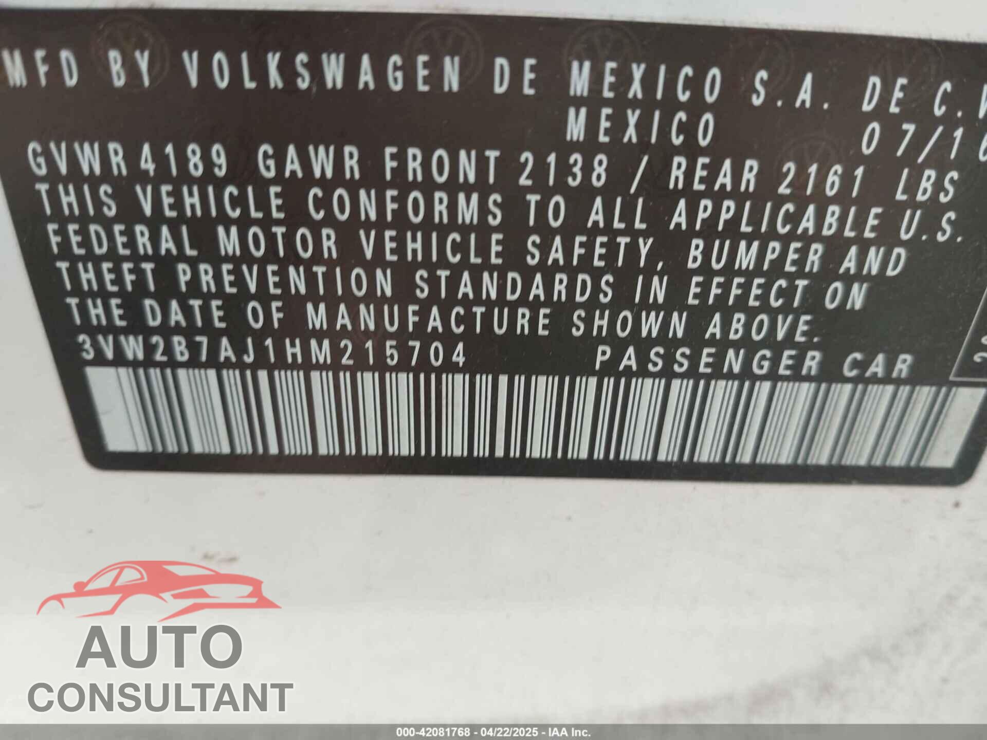 VOLKSWAGEN JETTA 2017 - 3VW2B7AJ1HM215704