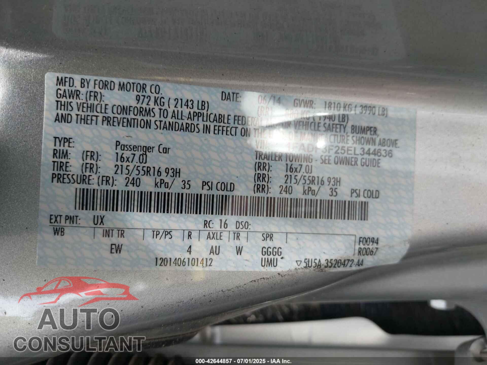 FORD FOCUS 2014 - 1FADP3F25EL344636