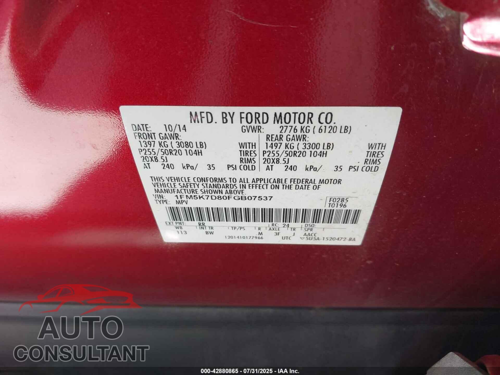 FORD EXPLORER 2015 - 1FM5K7D80FGB07537