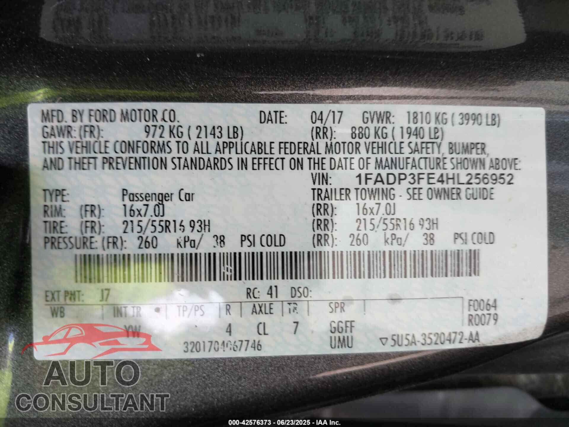 FORD FOCUS 2017 - 1FADP3FE4HL256952