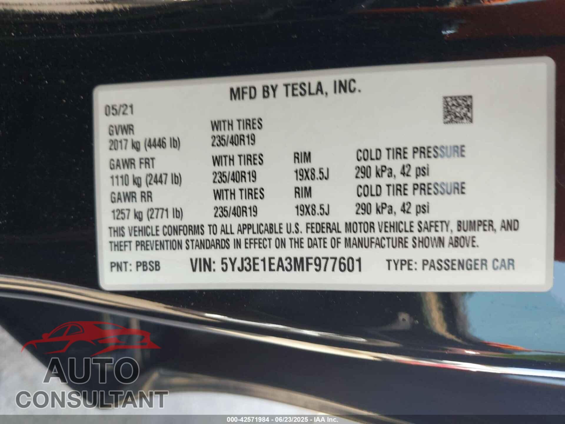 TESLA MODEL 3 2021 - 5YJ3E1EA3MF977601