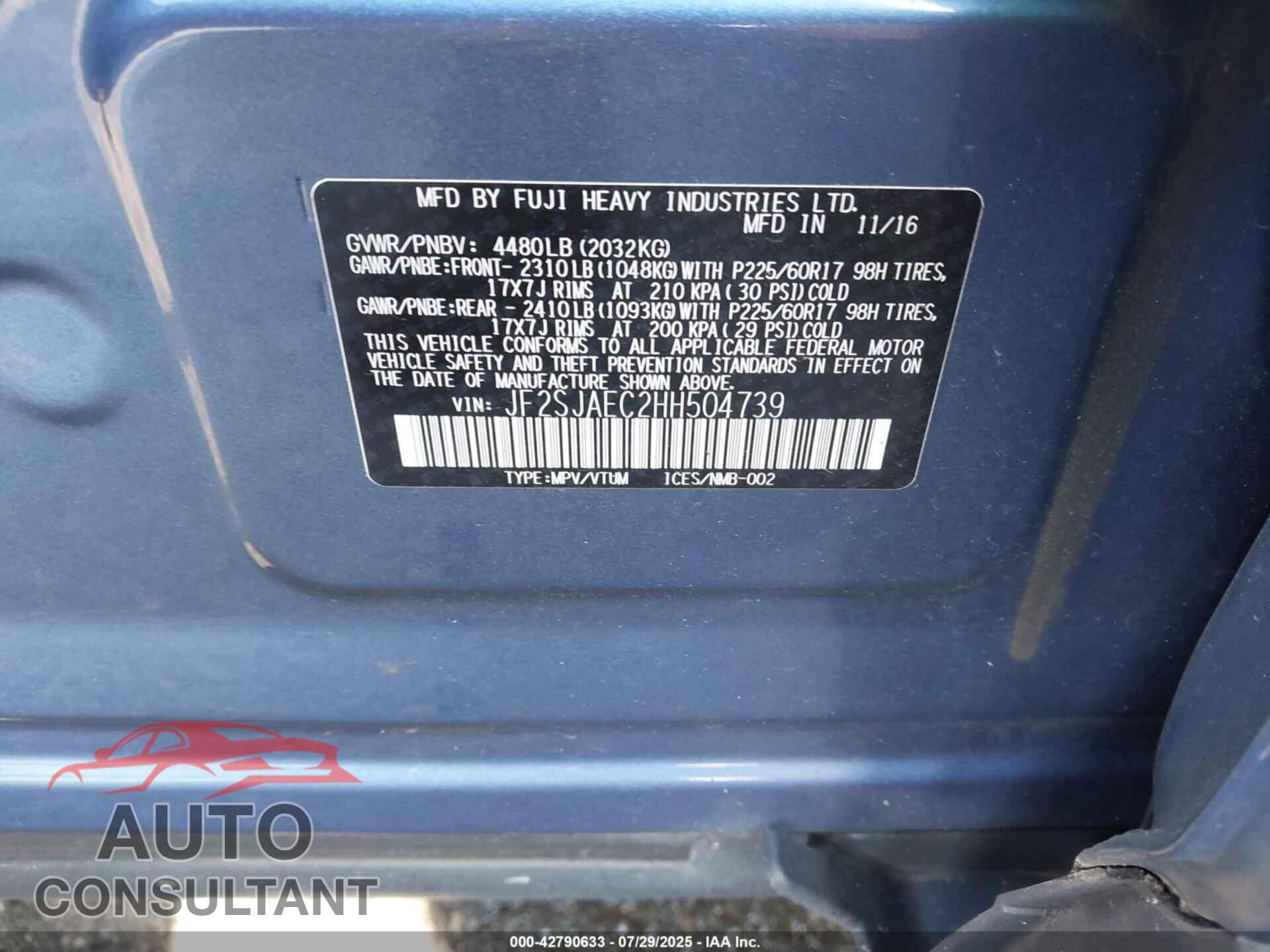 SUBARU FORESTER 2017 - JF2SJAEC2HH504739