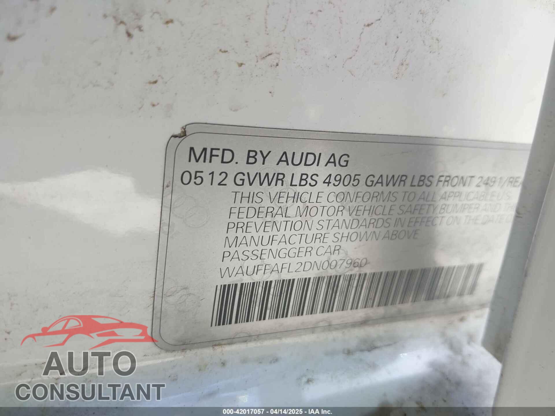 AUDI A4 2013 - WAUFFAFL2DN007960