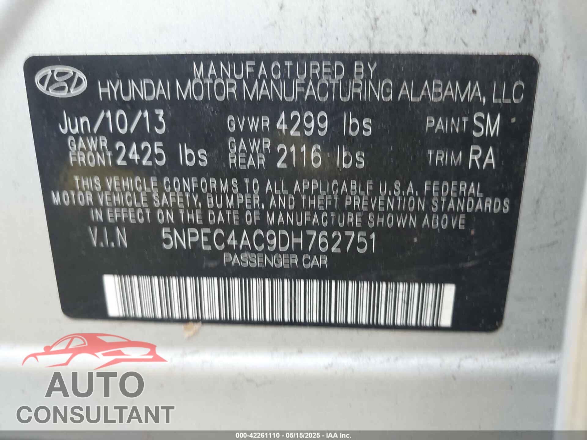 HYUNDAI SONATA 2013 - 5NPEC4AC9DH762751