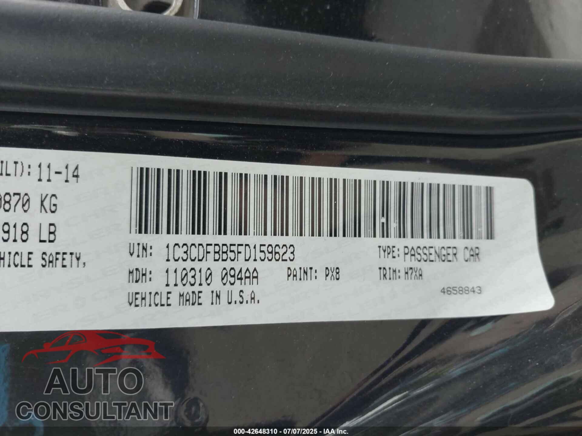 DODGE DART 2015 - 1C3CDFBB5FD159623