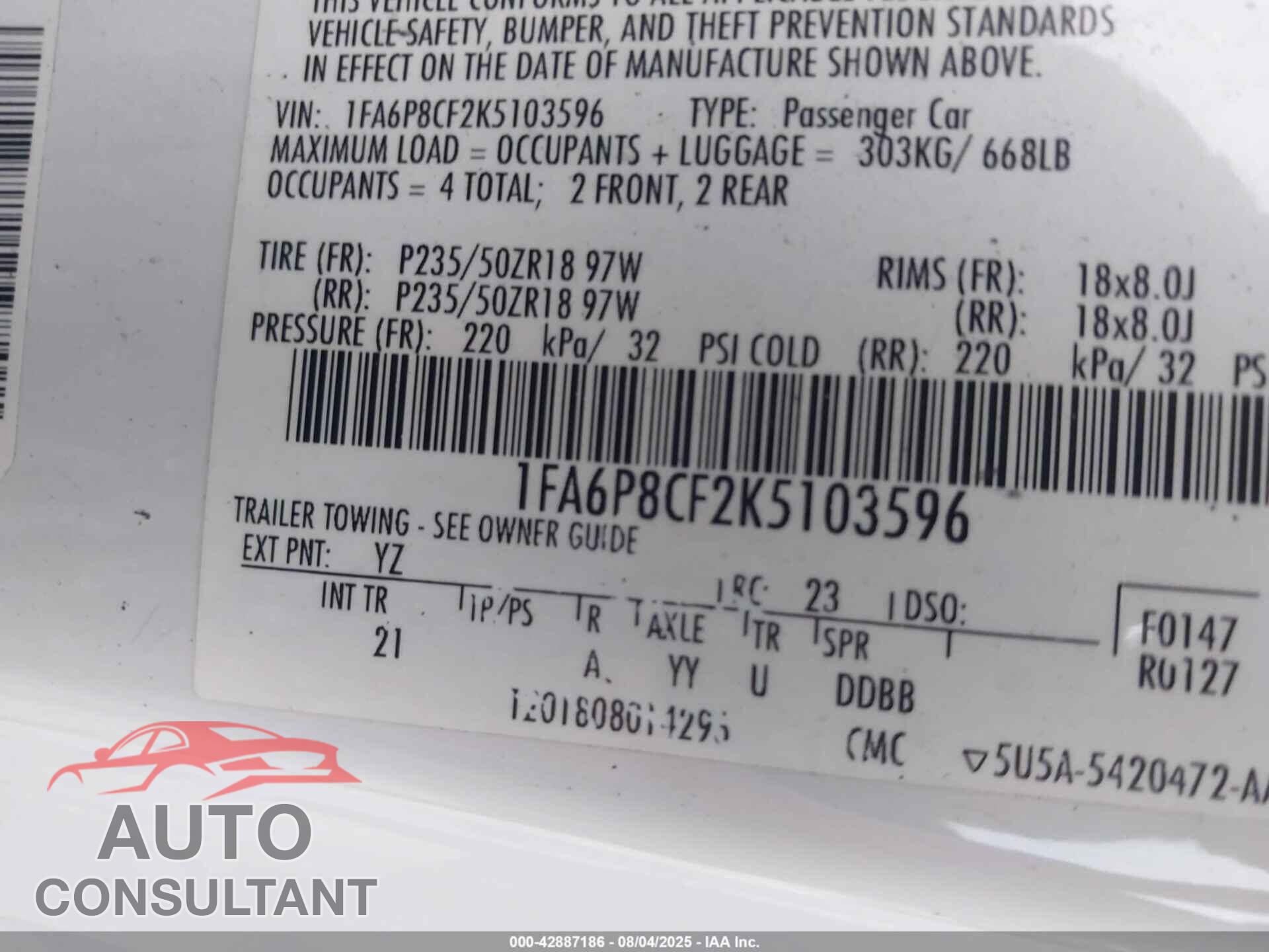 FORD MUSTANG 2019 - 1FA6P8CF2K5103596