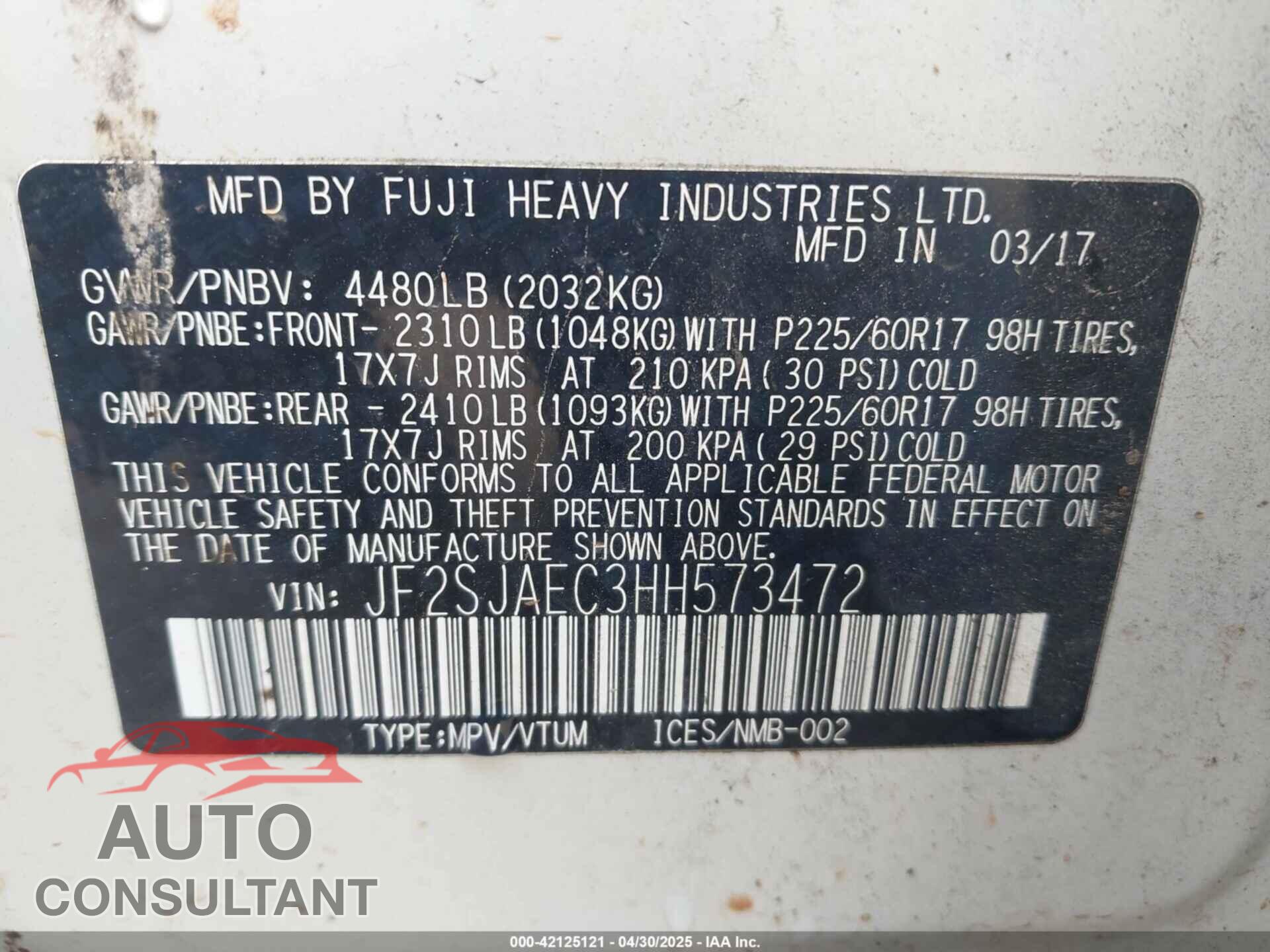 SUBARU FORESTER 2017 - JF2SJAEC3HH573472