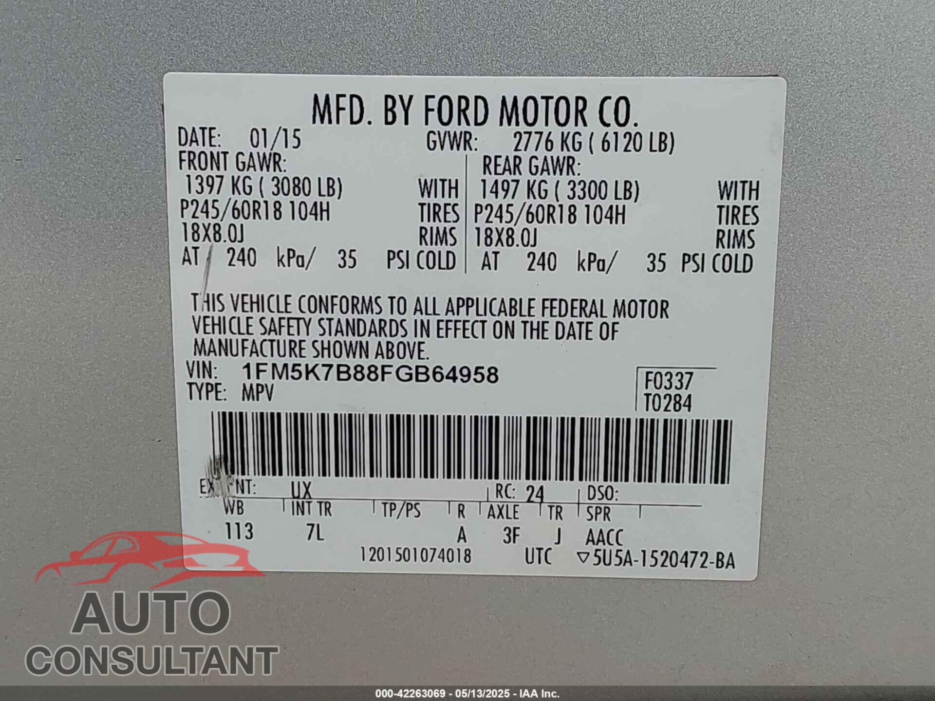 FORD EXPLORER 2015 - 1FM5K7B88FGB64958