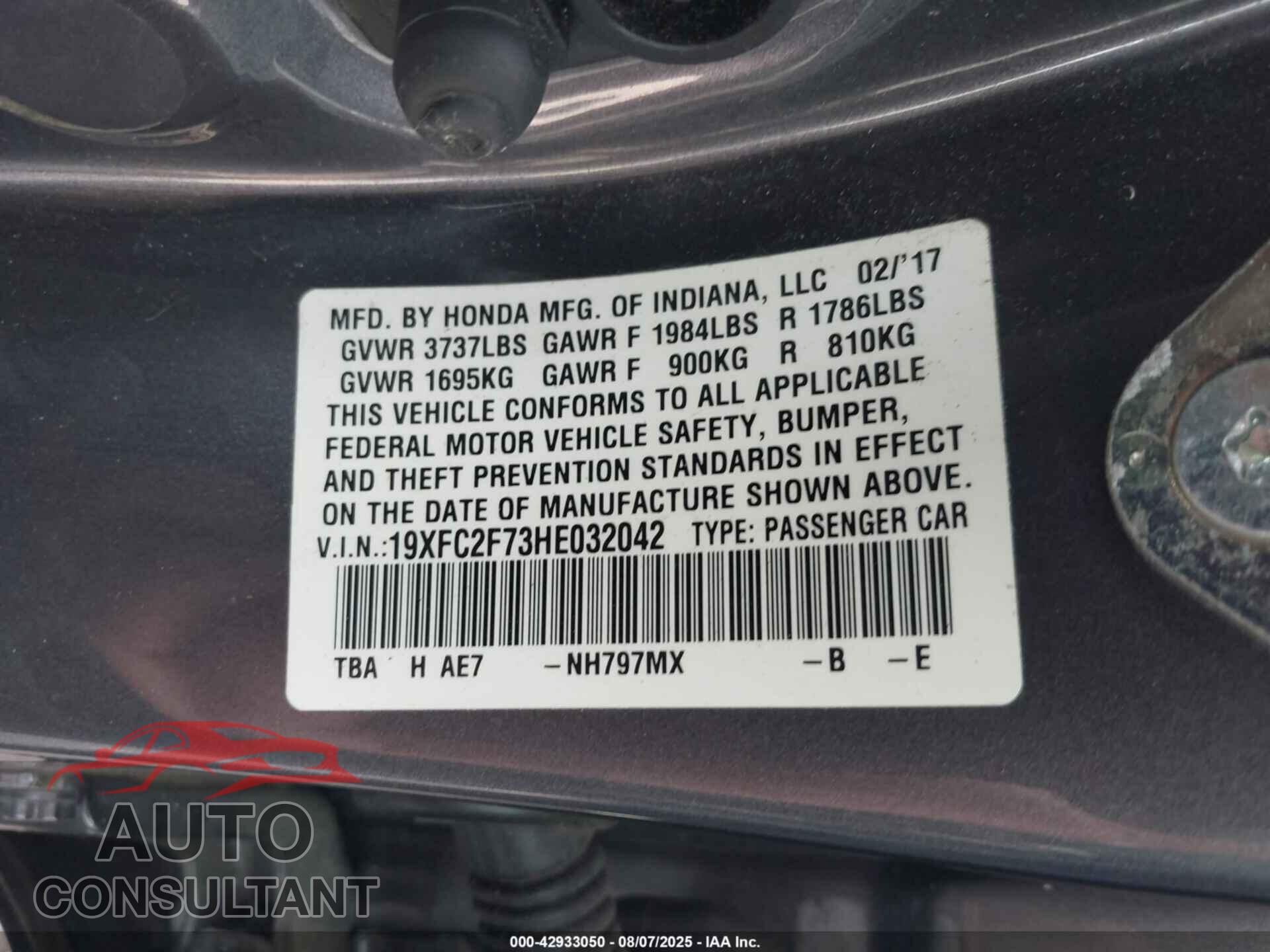 HONDA CIVIC 2017 - 19XFC2F73HE032042