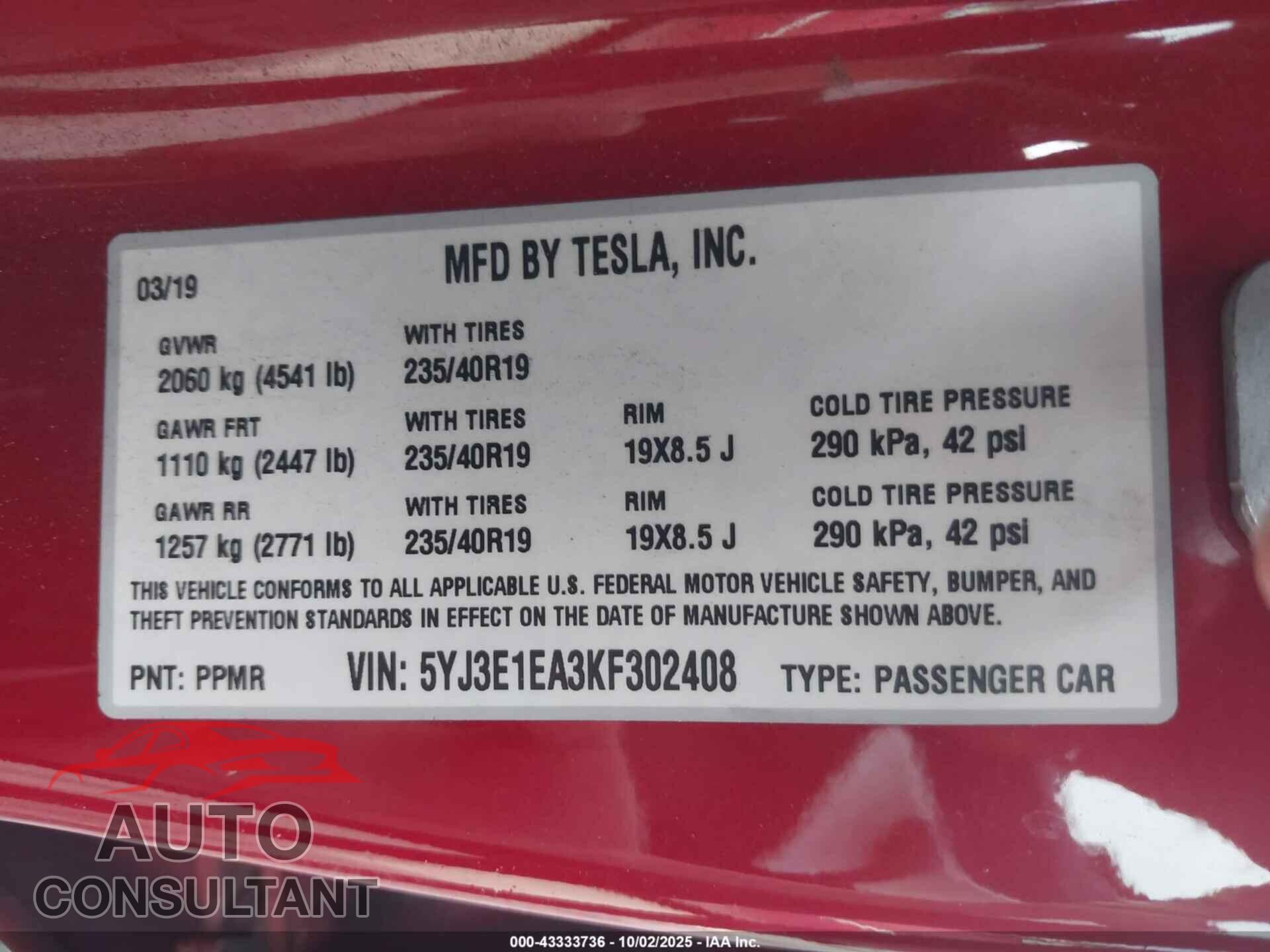 TESLA MODEL 3 2019 - 5YJ3E1EA3KF302408
