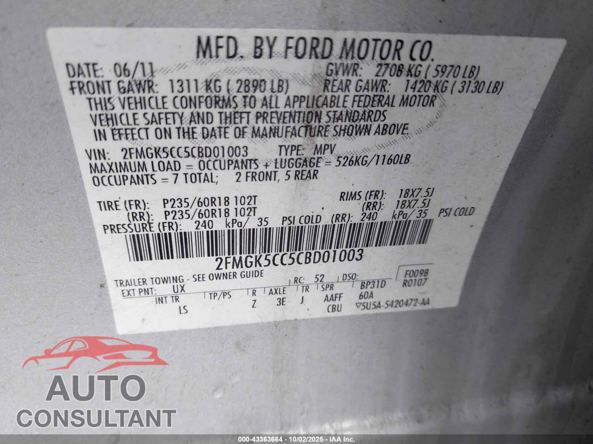 FORD FLEX 2012 - 2FMGK5CC5CBD01003