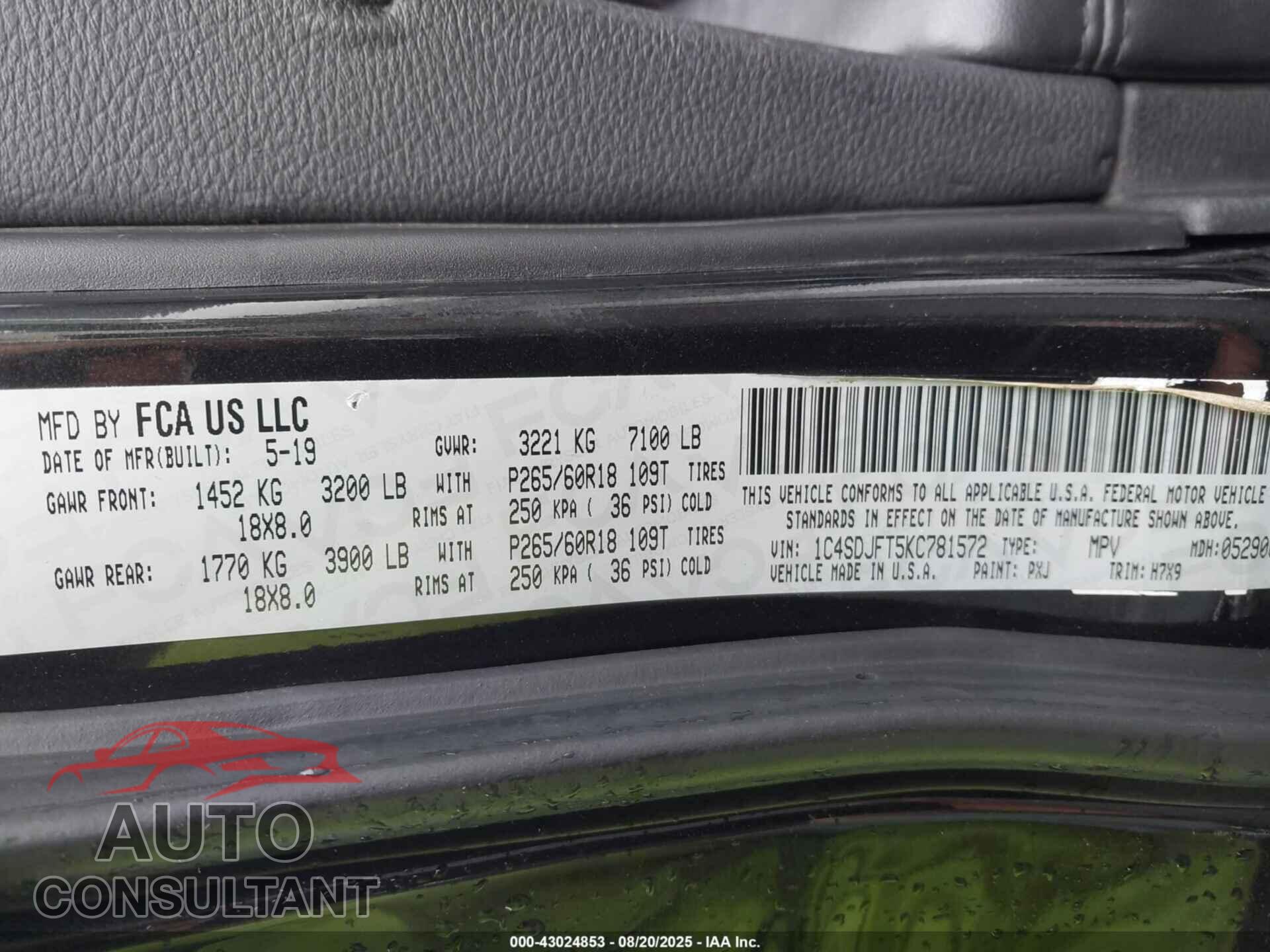 DODGE DURANGO 2019 - 1C4SDJFT5KC781572