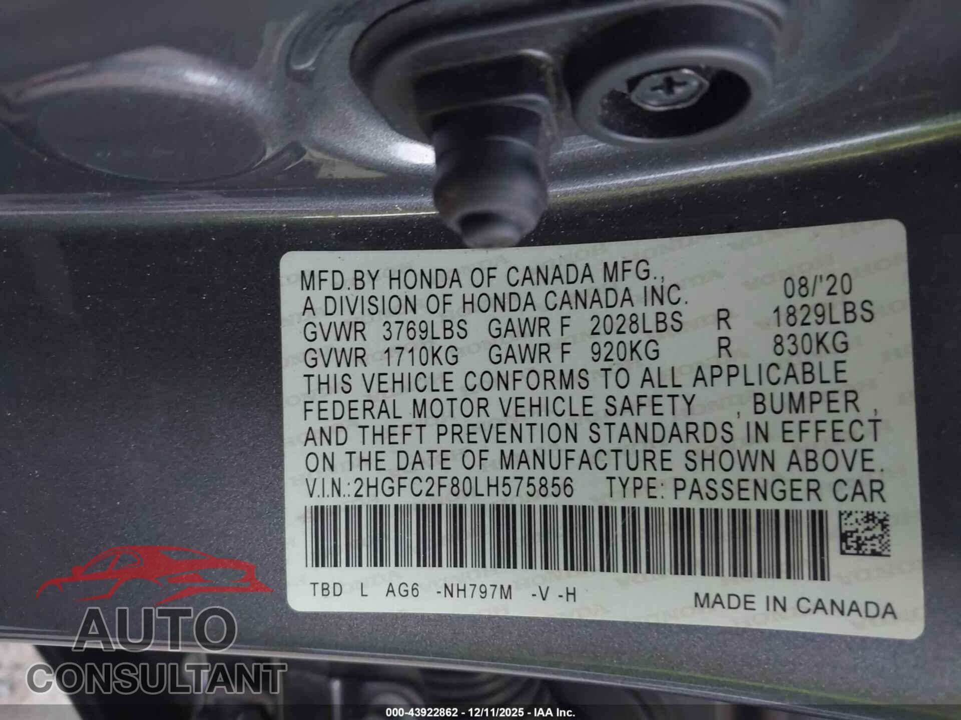 HONDA CIVIC 2020 - 2HGFC2F80LH575856