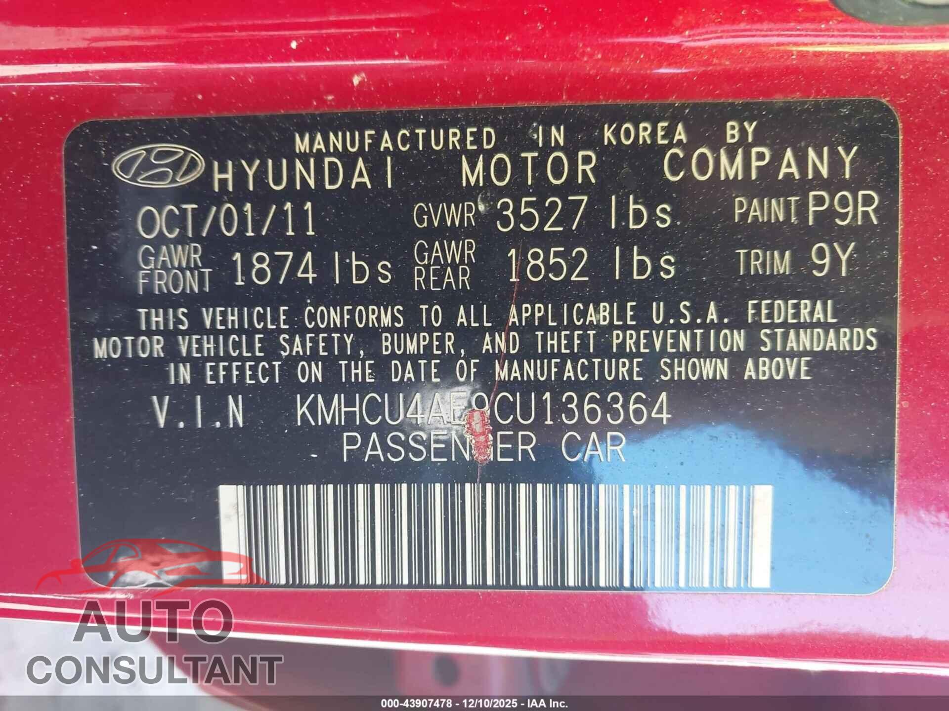 HYUNDAI ACCENT 2012 - KMHCU4AE9CU136364