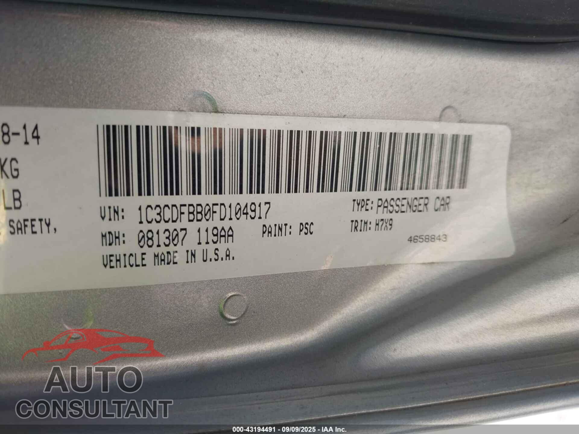 DODGE DART 2015 - 1C3CDFBB0FD104917
