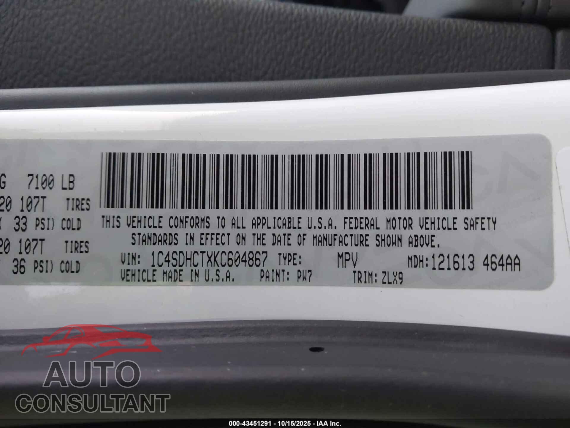 DODGE DURANGO 2019 - 1C4SDHCTXKC604867