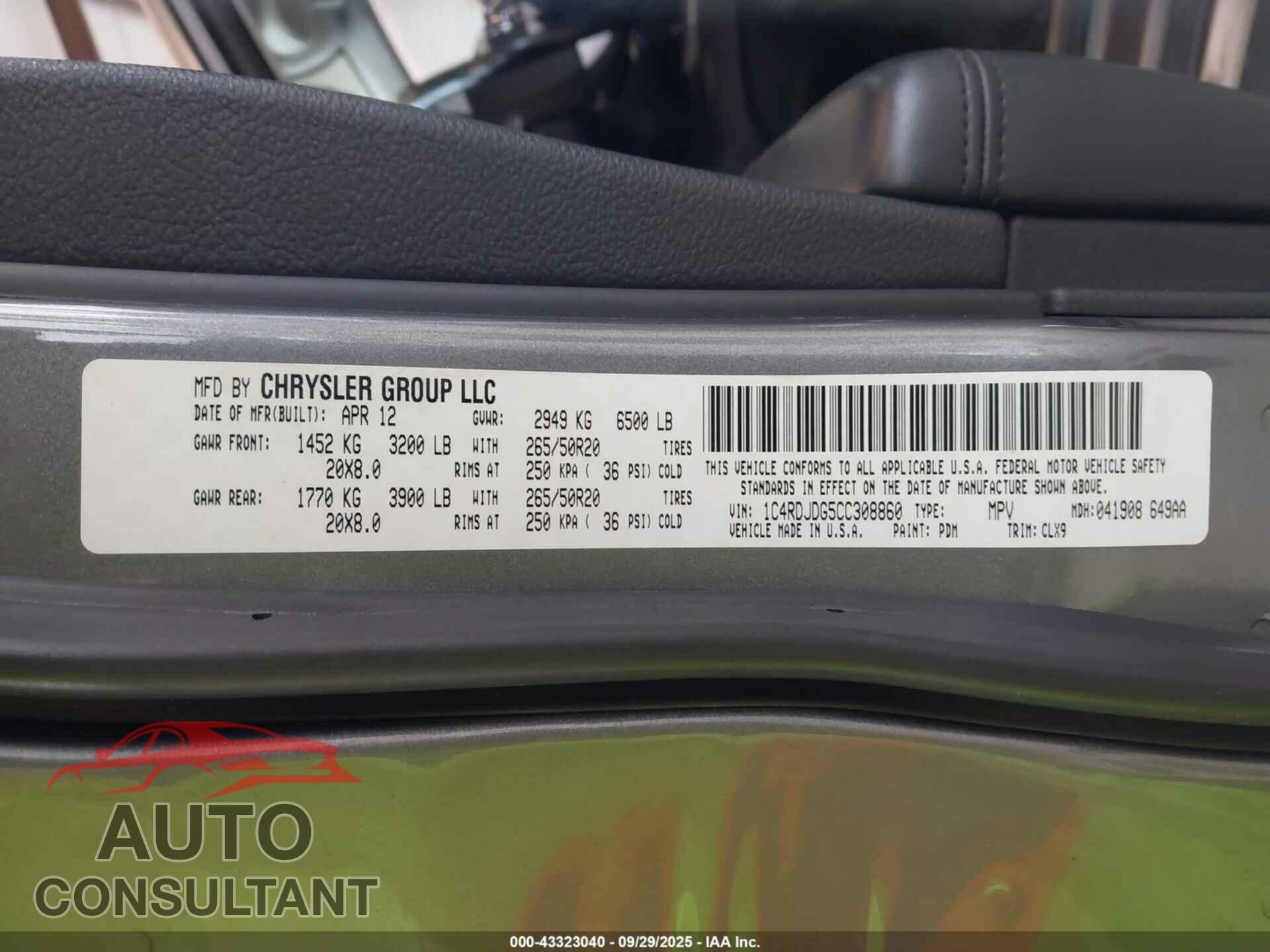 DODGE DURANGO 2012 - 1C4RDJDG5CC308860