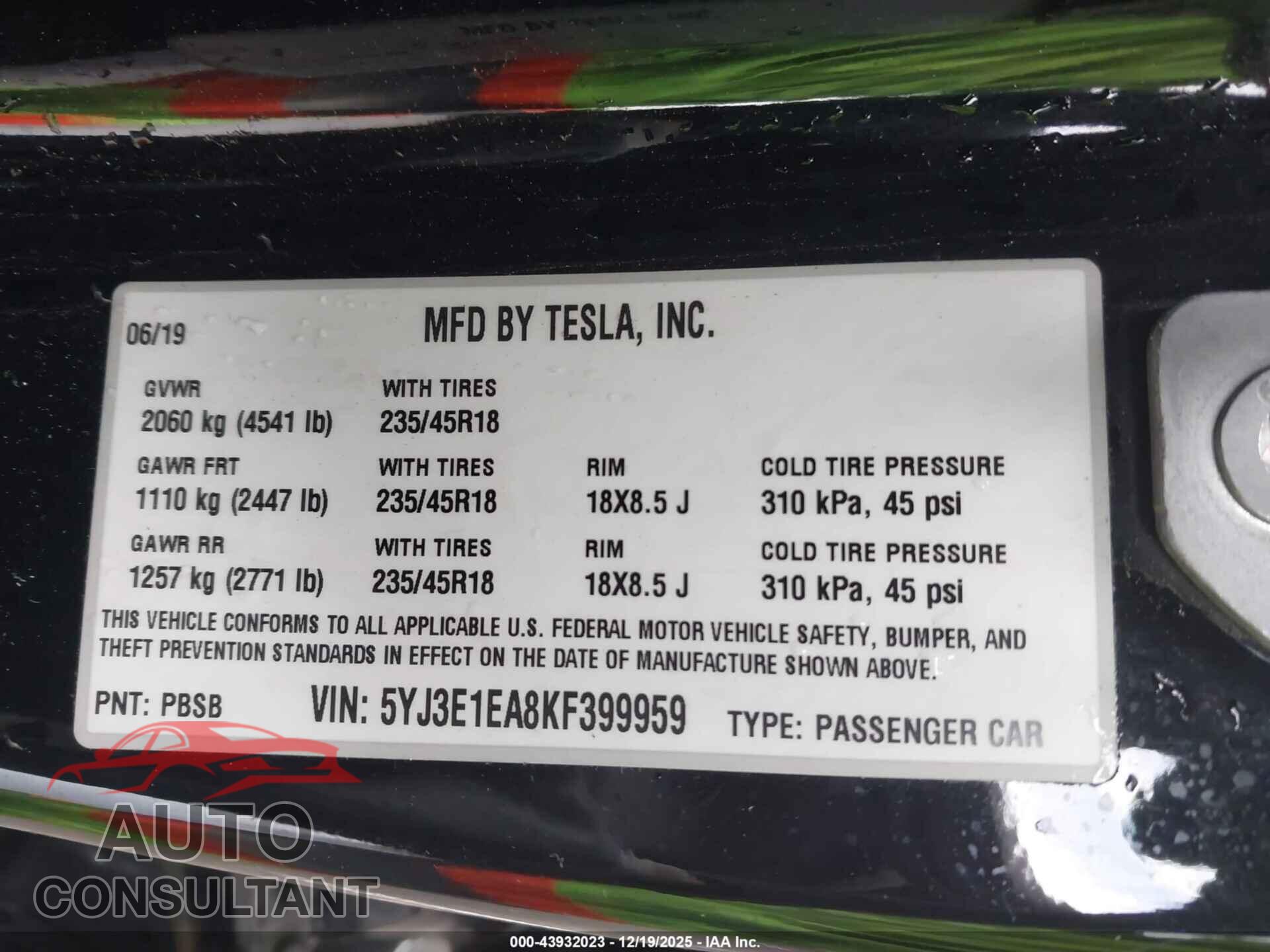 TESLA MODEL 3 2019 - 5YJ3E1EA8KF399959