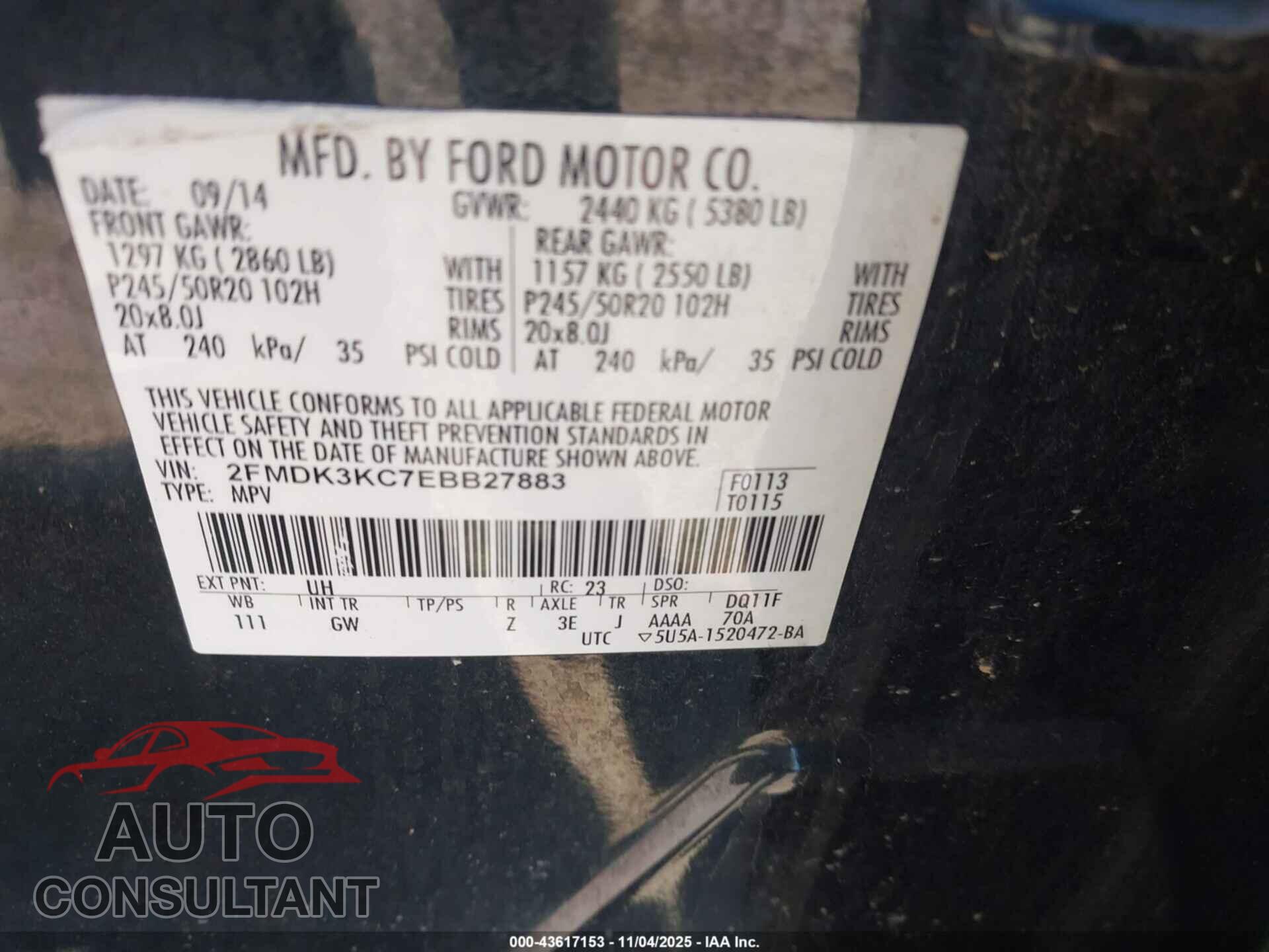 FORD EDGE 2014 - 2FMDK3KC7EBB27883
