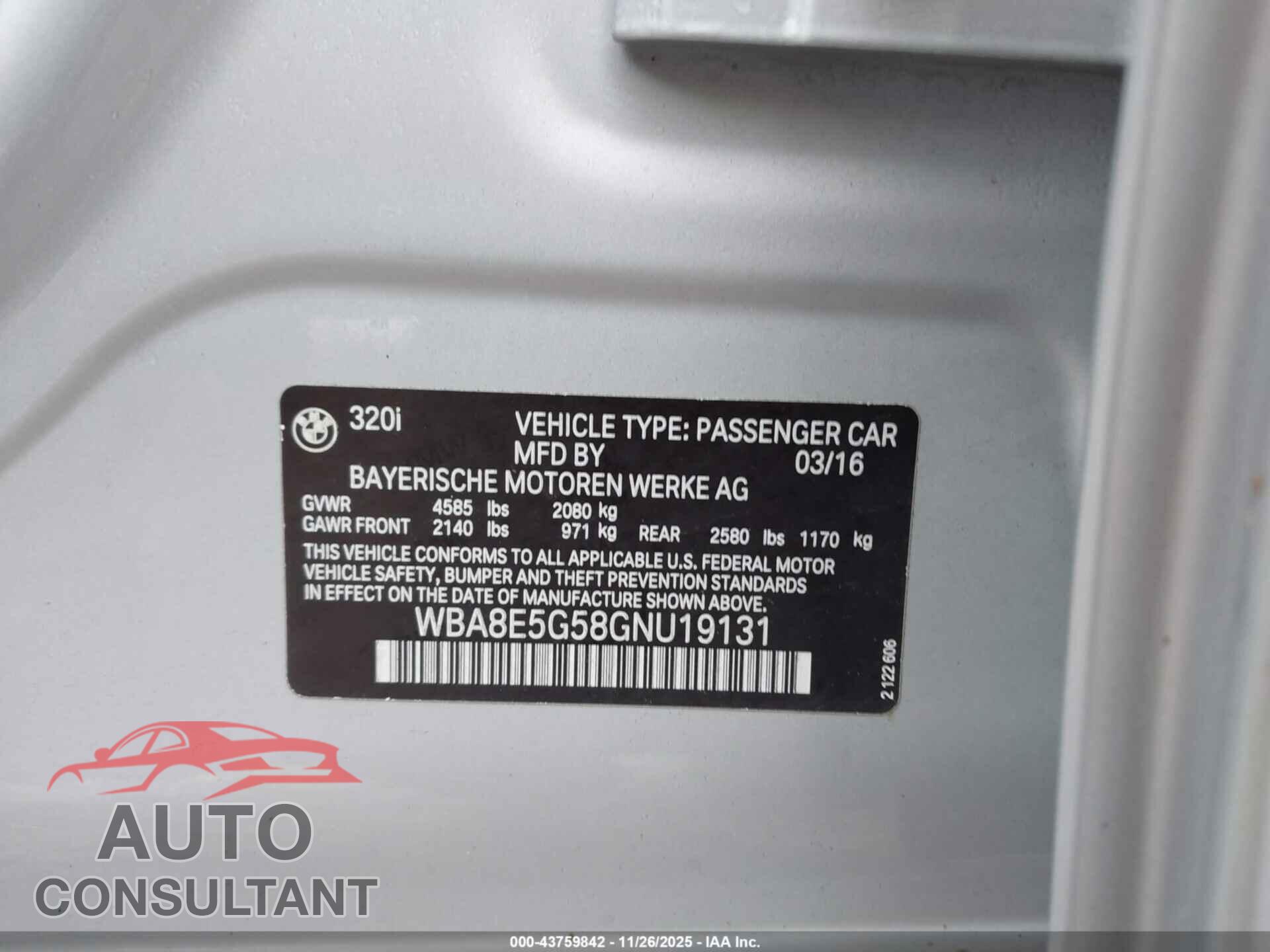 BMW 320I 2016 - WBA8E5G58GNU19131
