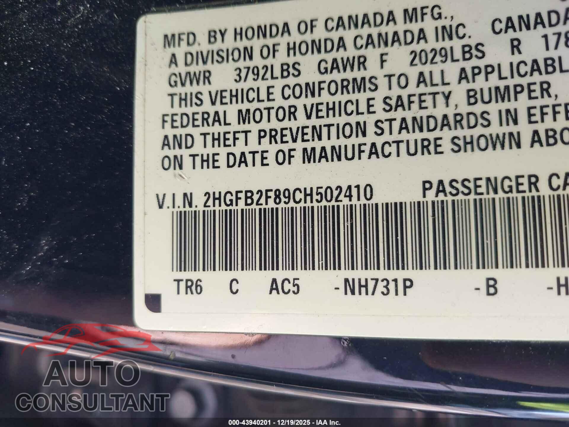 HONDA CIVIC 2012 - 2HGFB2F89CH502410