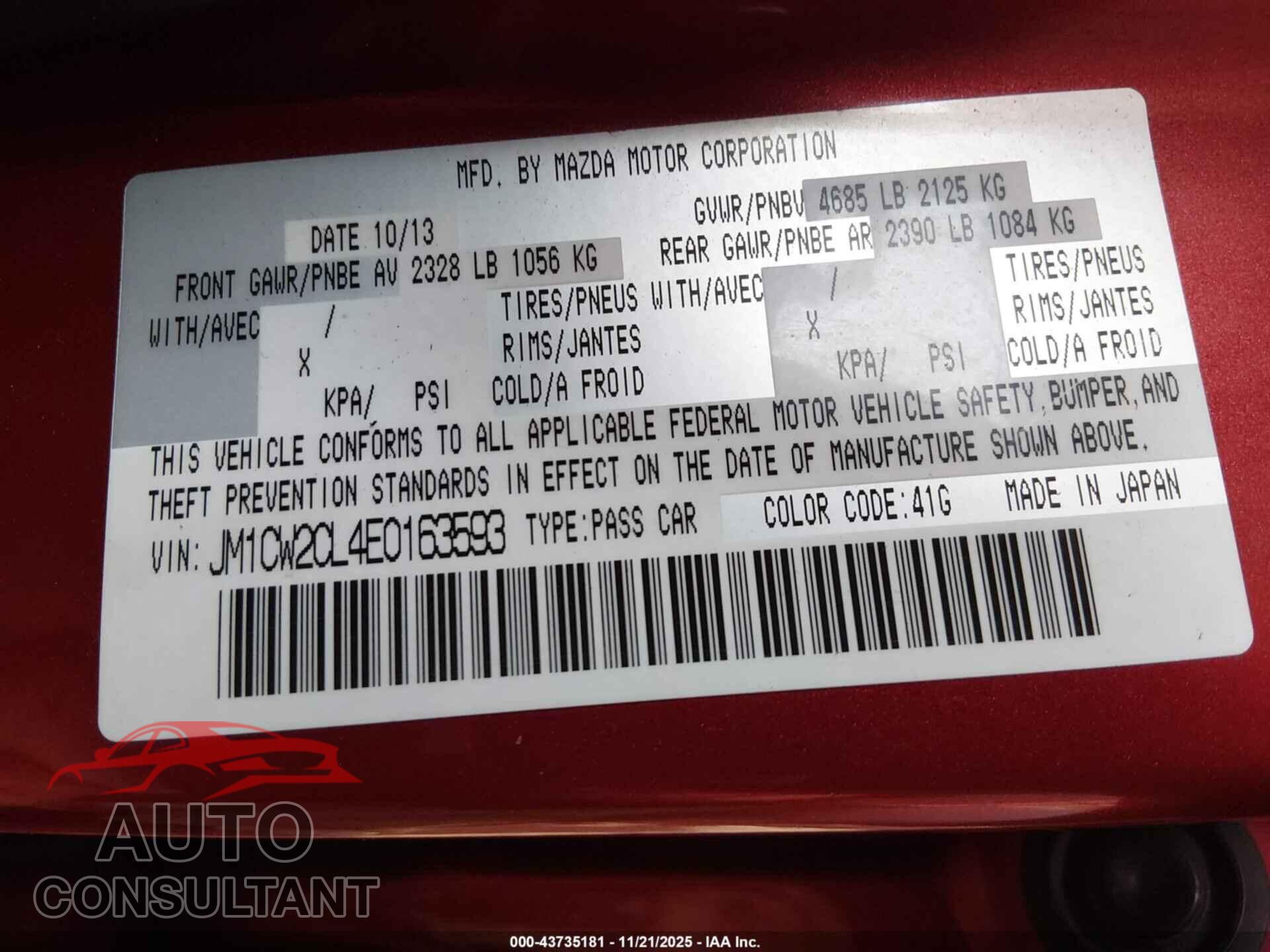 MAZDA MAZDA5 2014 - JM1CW2CL4E0163593