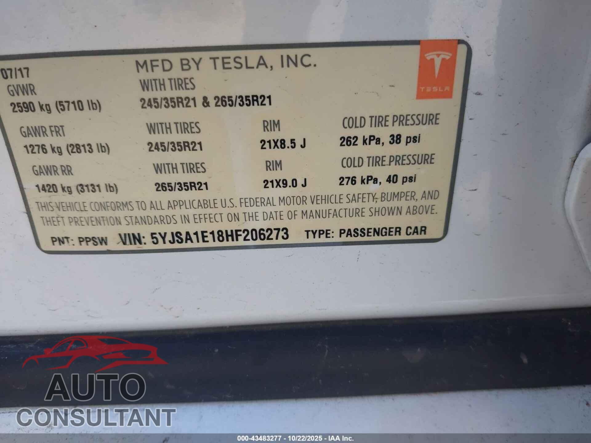 TESLA MODEL S 2017 - 5YJSA1E18HF206273