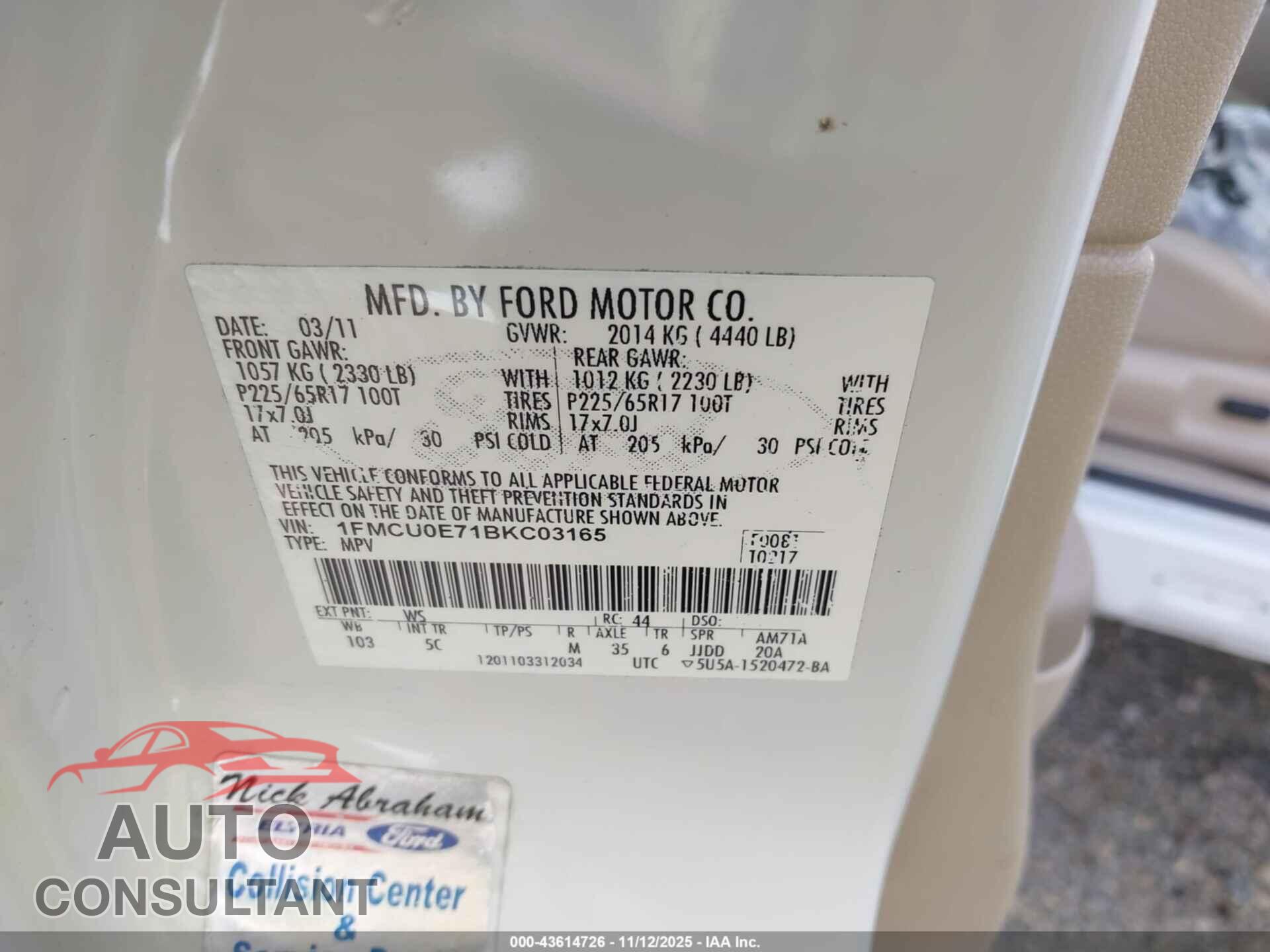FORD ESCAPE 2011 - 1FMCU0E71BKC03165