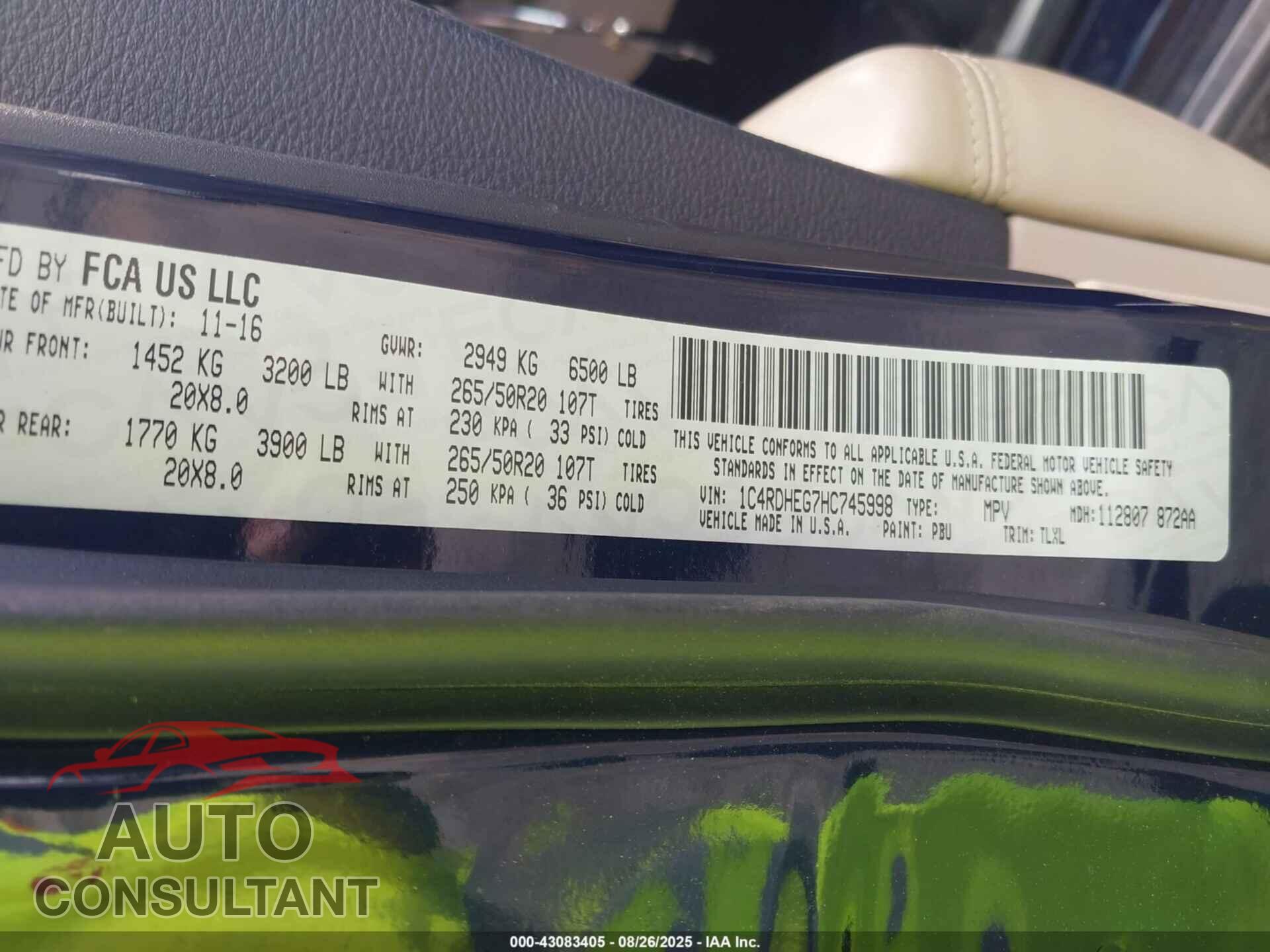 DODGE DURANGO 2017 - 1C4RDHEG7HC745998