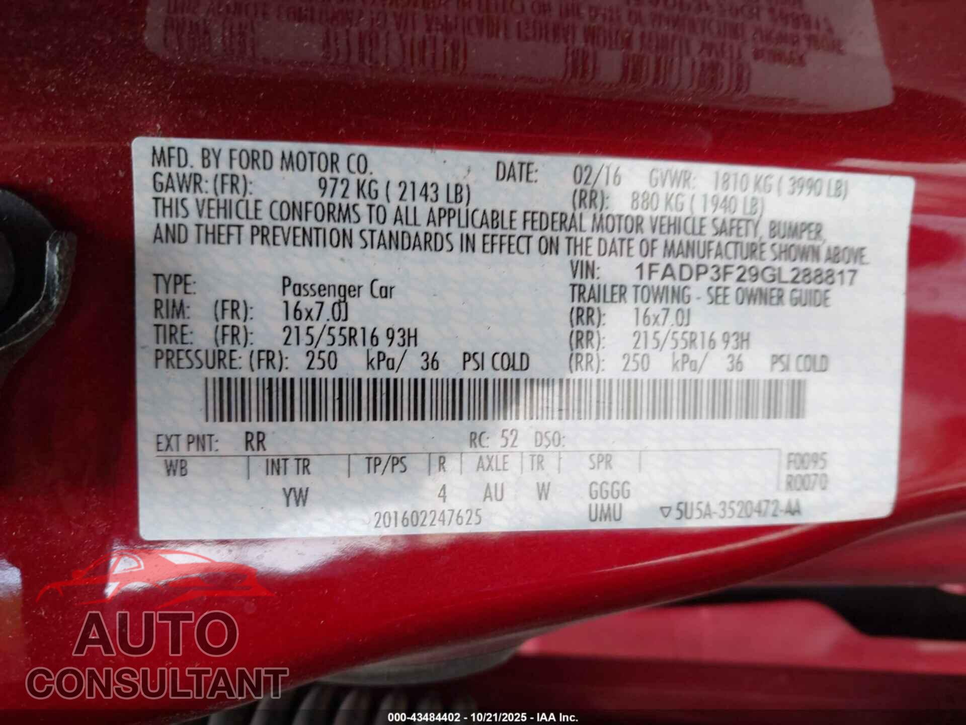 FORD FOCUS 2016 - 1FADP3F29GL288817