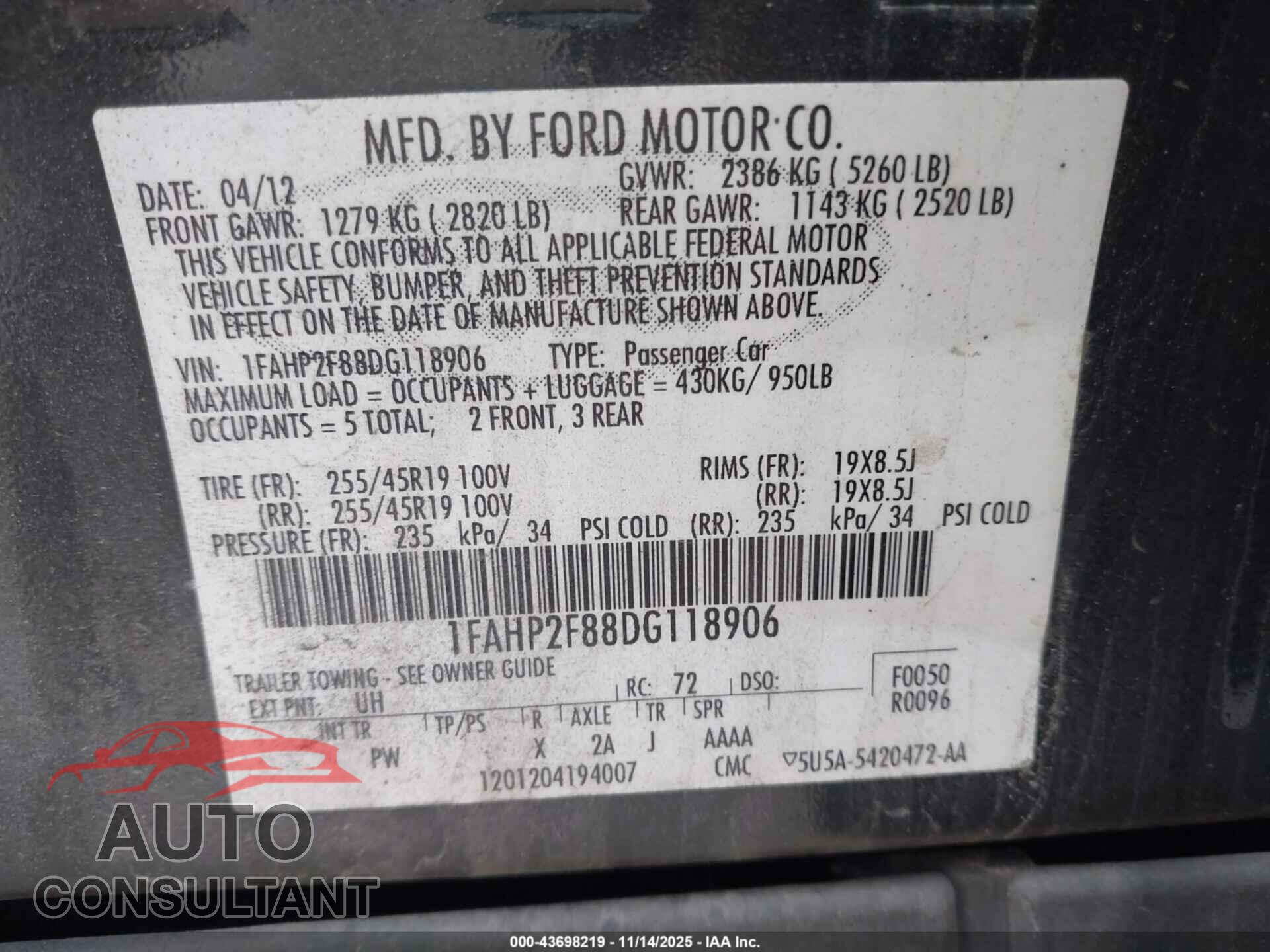 FORD TAURUS 2013 - 1FAHP2F88DG118906