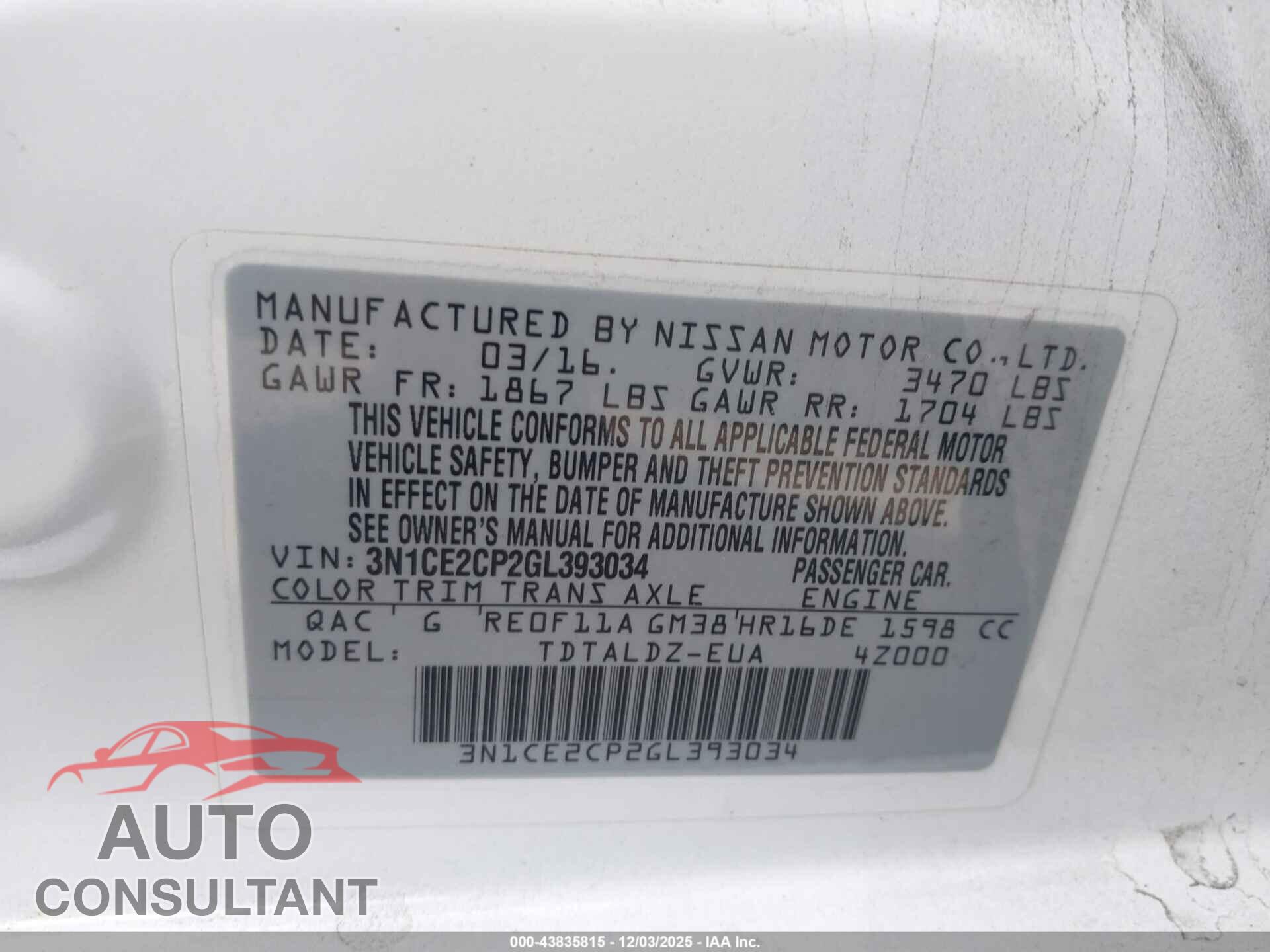 NISSAN VERSA NOTE 2016 - 3N1CE2CP2GL393034