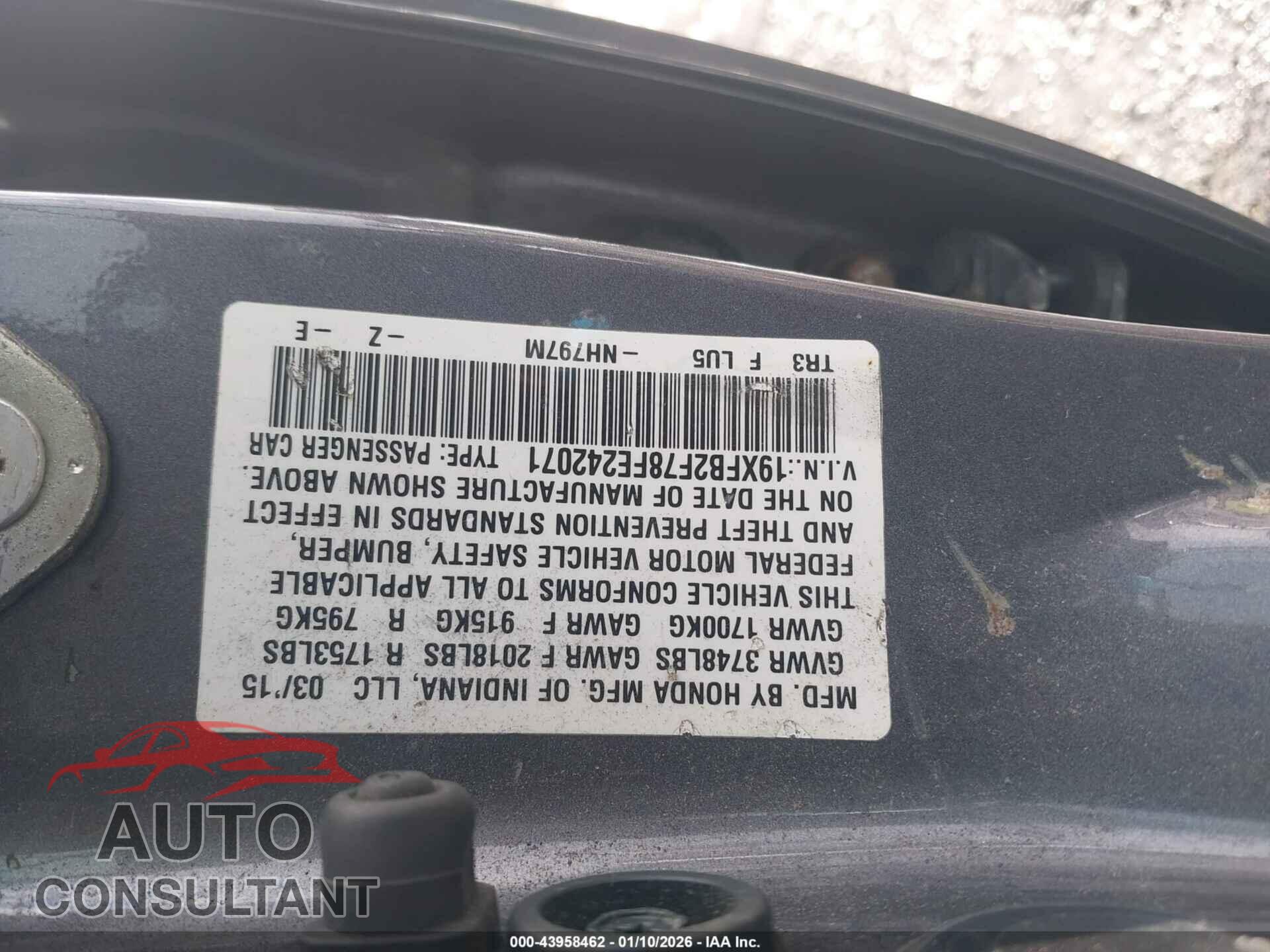 HONDA CIVIC 2015 - 19XFB2F78FE242071