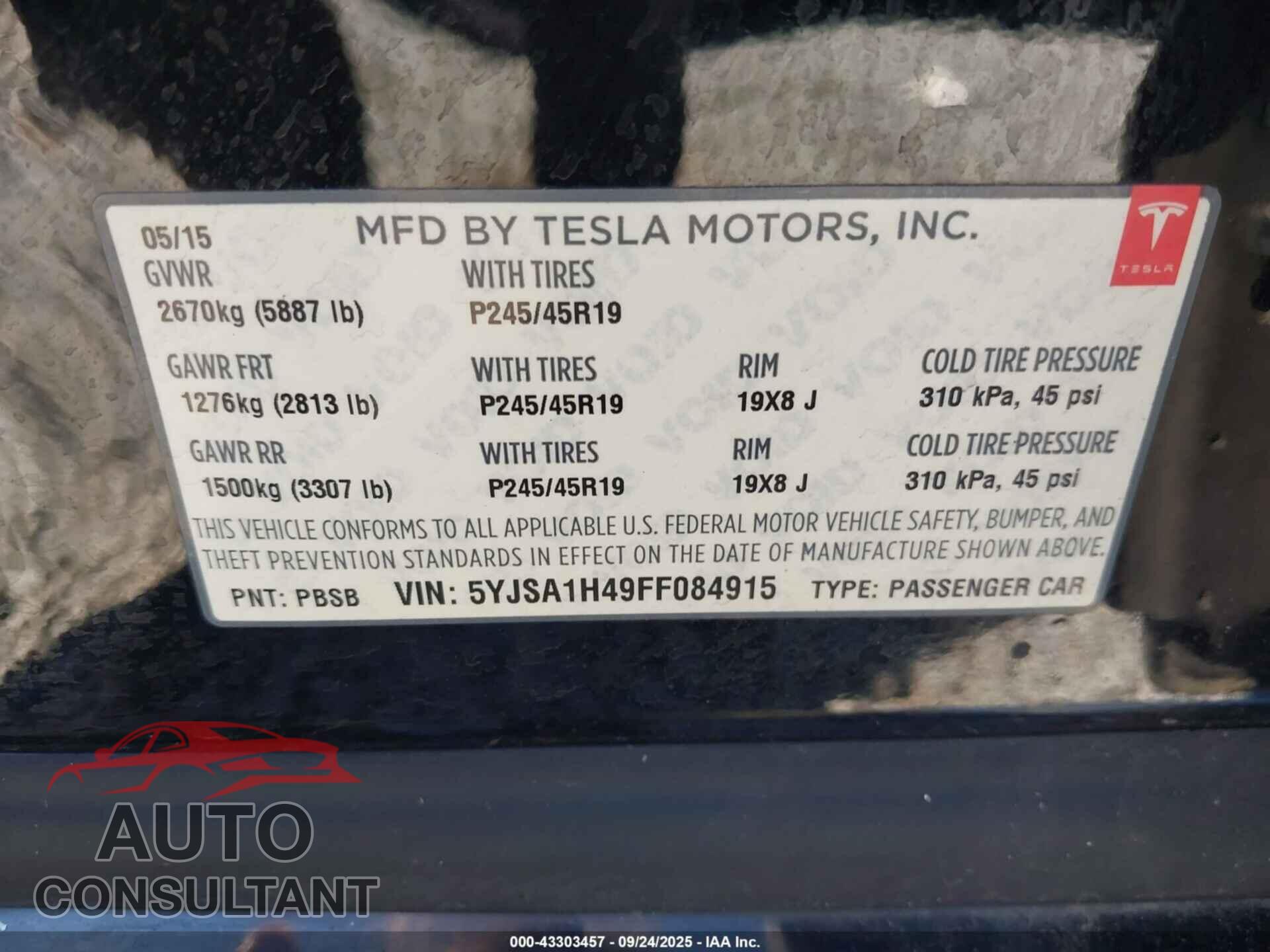 TESLA MODEL S 2015 - 5YJSA1H49FF084915