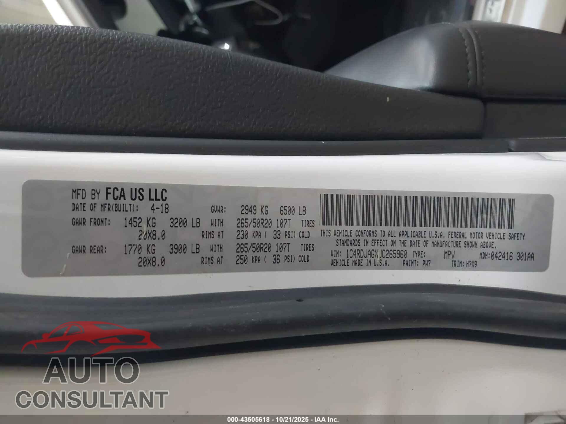 DODGE DURANGO 2018 - 1C4RDJAGXJC265960