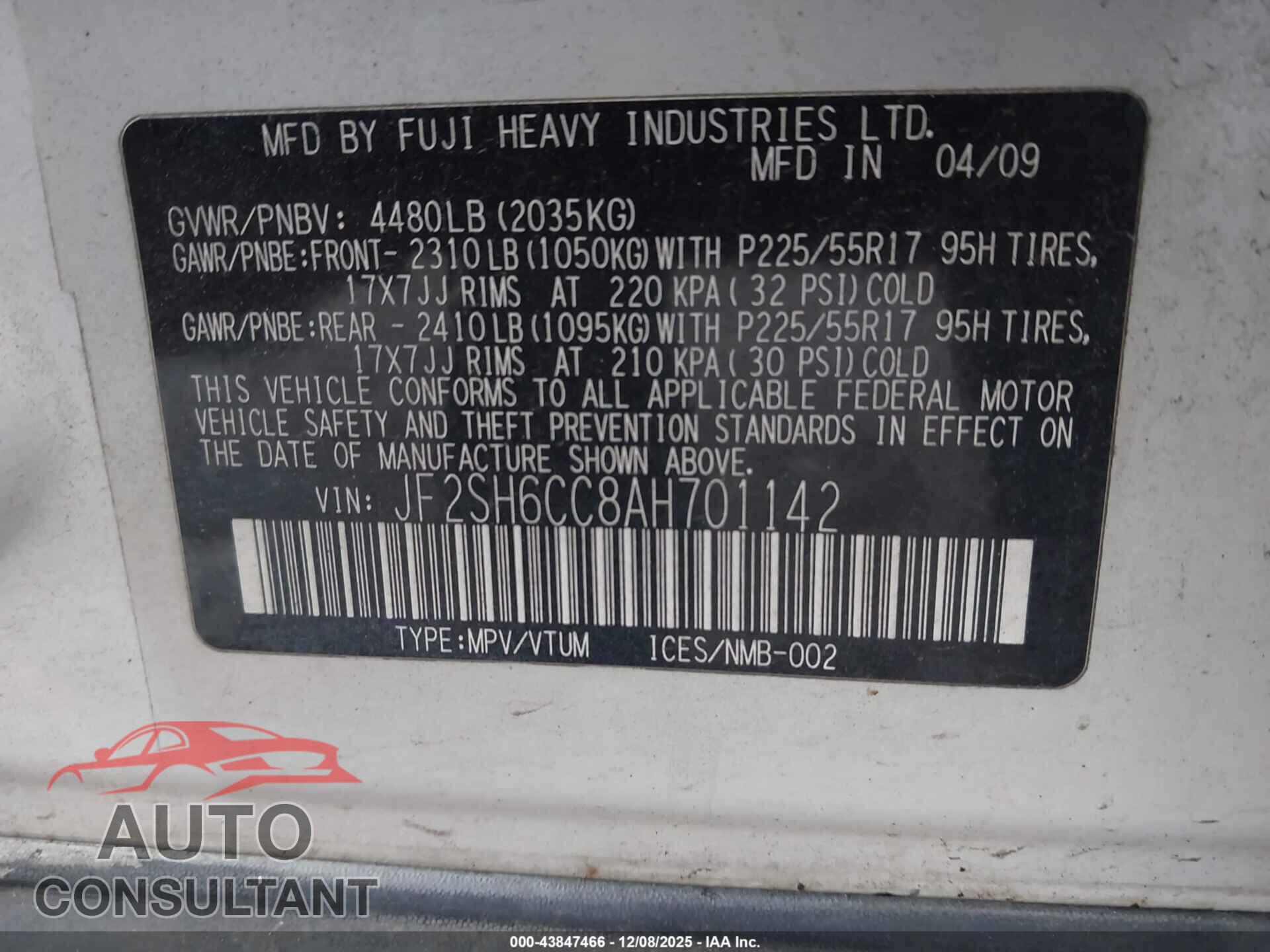 SUBARU FORESTER 2010 - JF2SH6CC8AH701142
