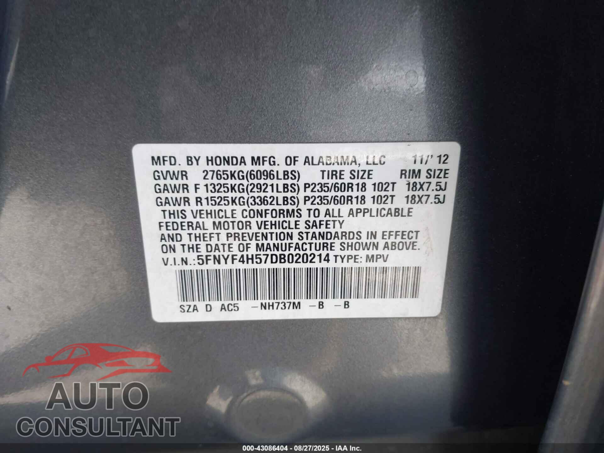 HONDA PILOT 2013 - 5FNYF4H57DB020214