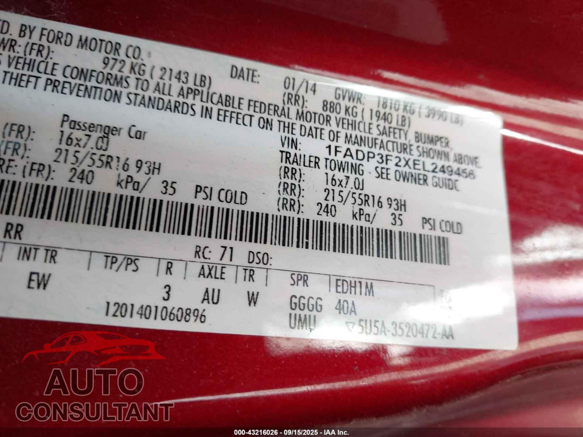 FORD FOCUS 2014 - 1FADP3F2XEL249456
