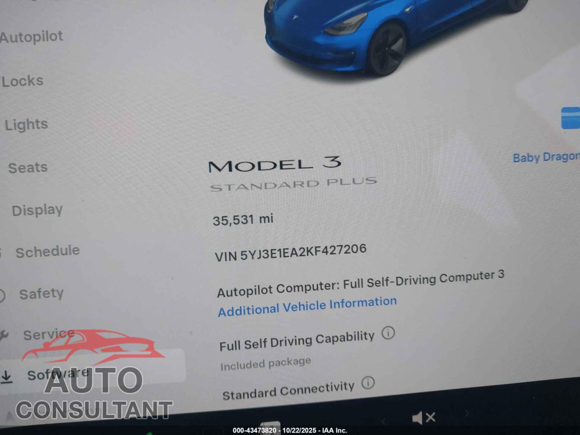TESLA MODEL 3 2019 - 5YJ3E1EA2KF427206