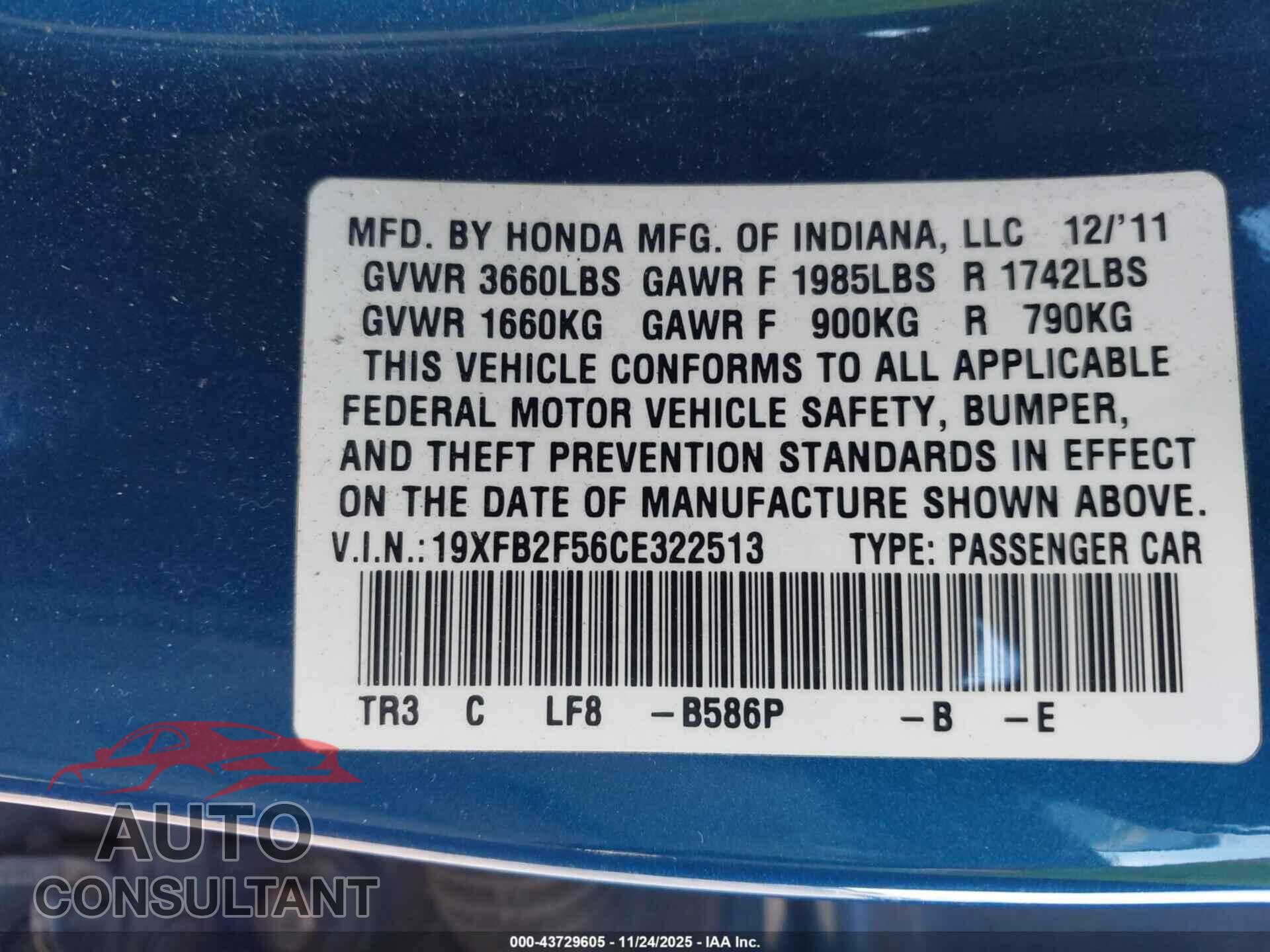 HONDA CIVIC 2012 - 19XFB2F56CE322513