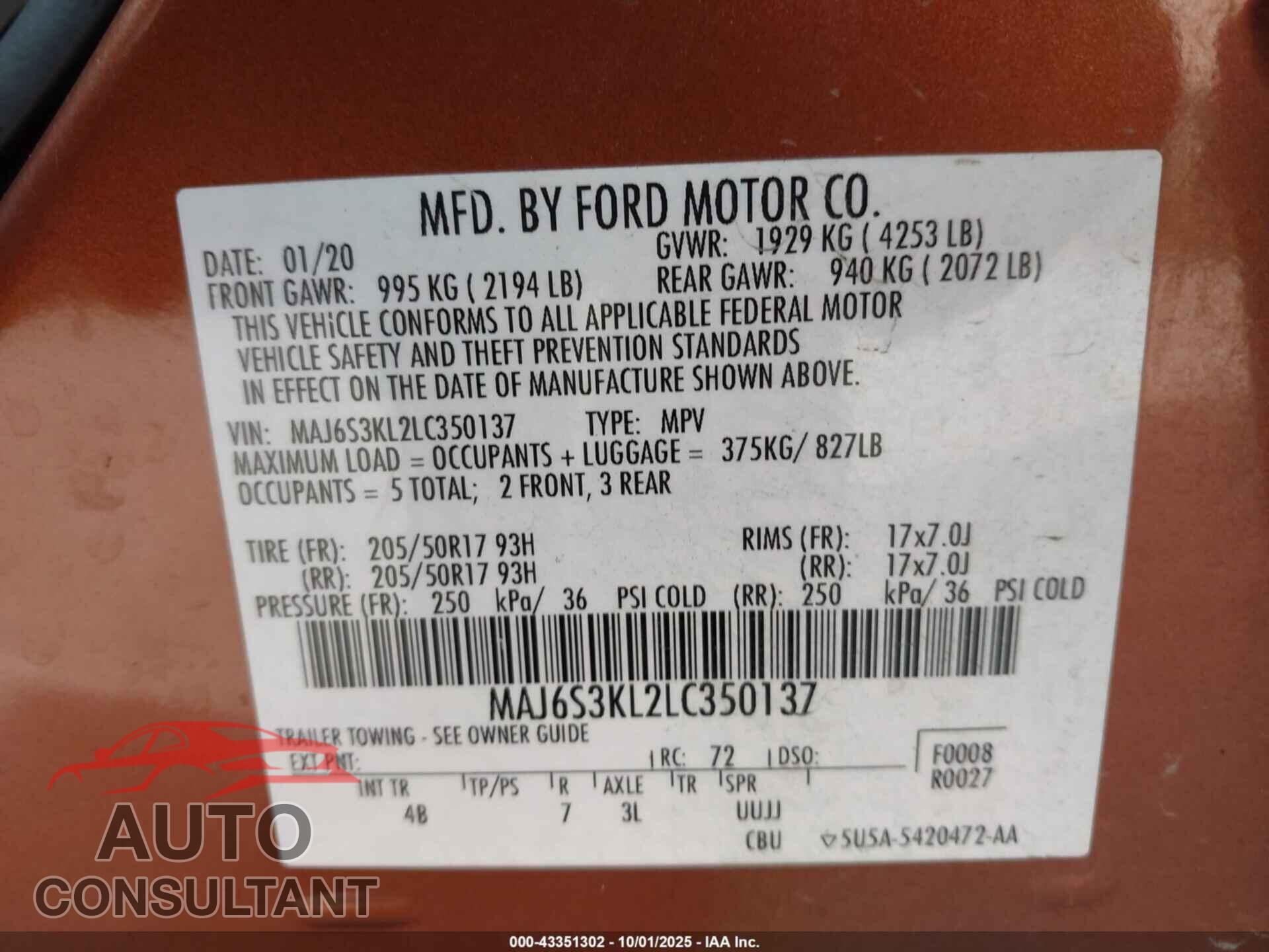 FORD ECOSPORT 2020 - MAJ6S3KL2LC350137