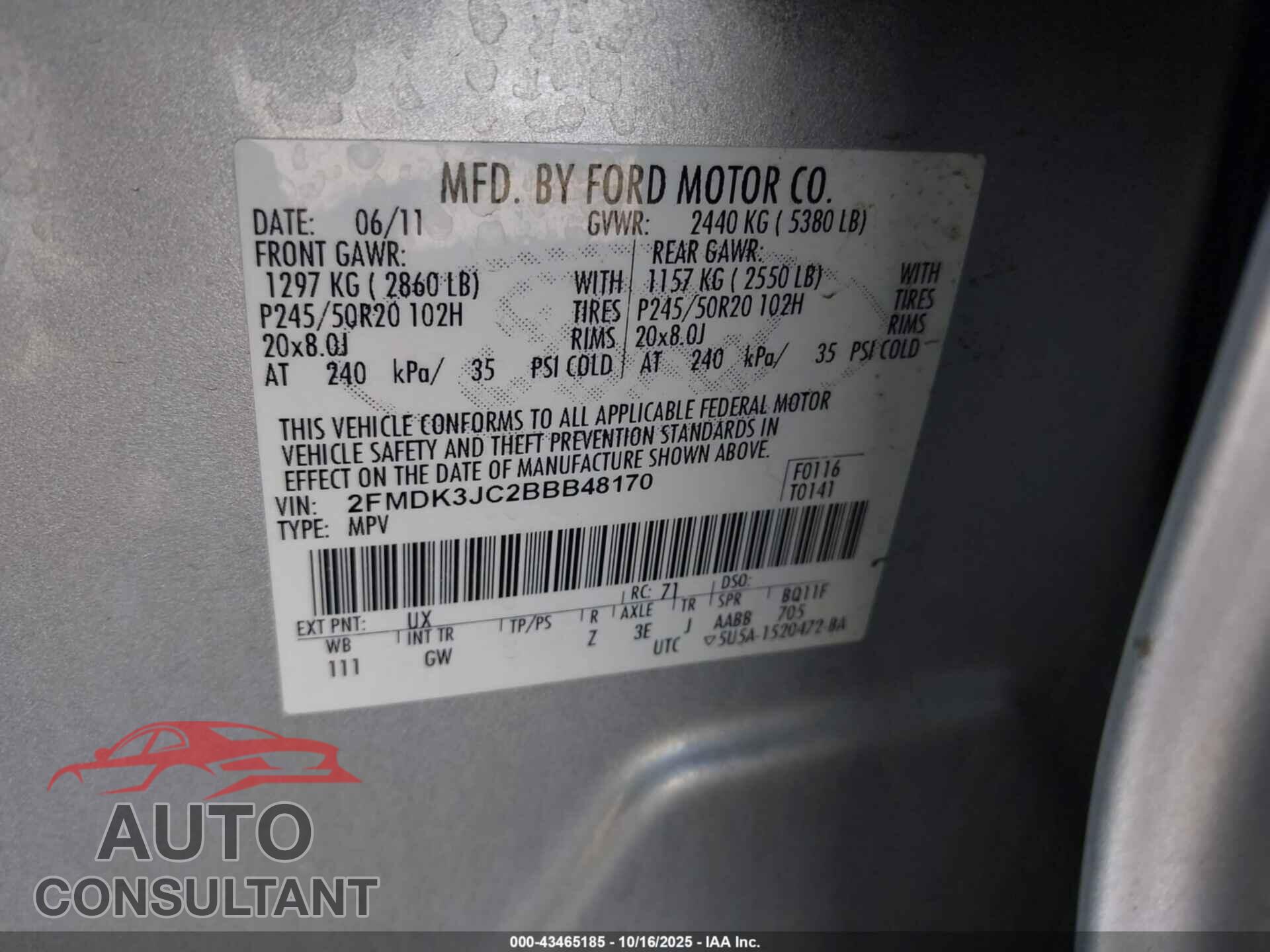 FORD EDGE 2011 - 2FMDK3JC2BBB48170