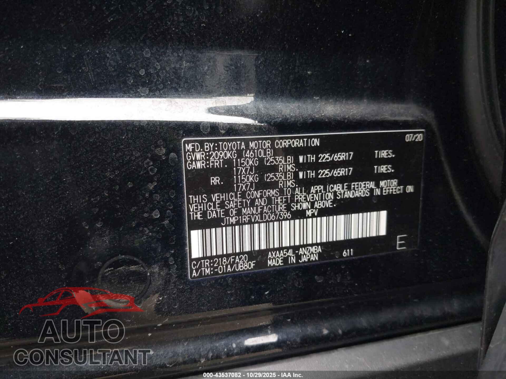 TOYOTA RAV4 2020 - JTMP1RFVXLD067396