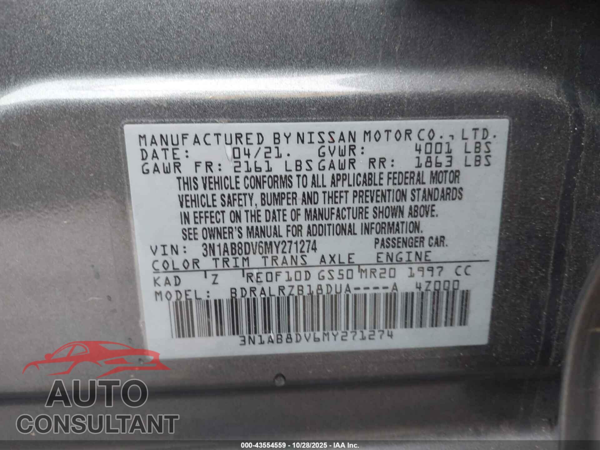 NISSAN SENTRA 2021 - 3N1AB8DV6MY271274
