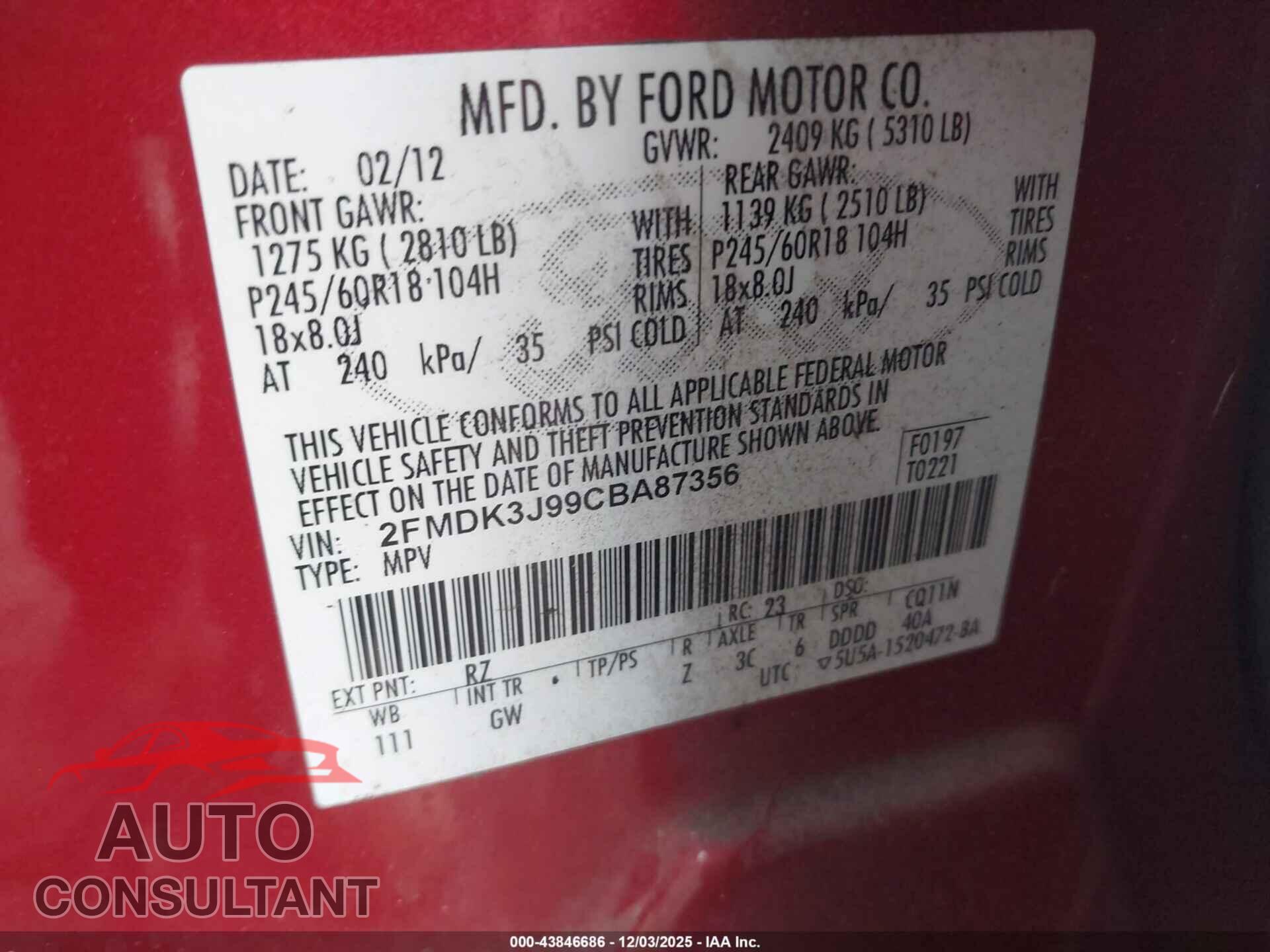FORD EDGE 2012 - 2FMDK3J99CBA87356