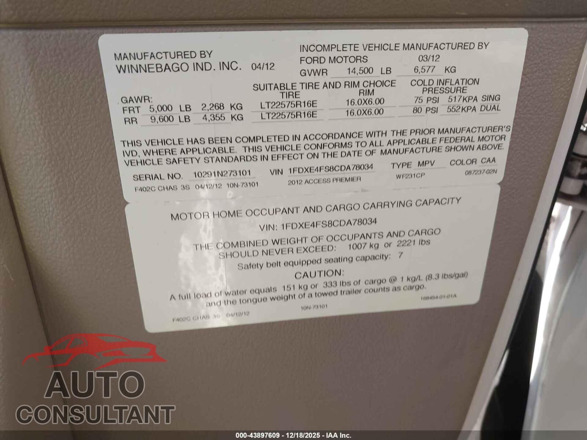 FORD E-450 CUTAWAY 2012 - 1FDXE4FS8CDA78034