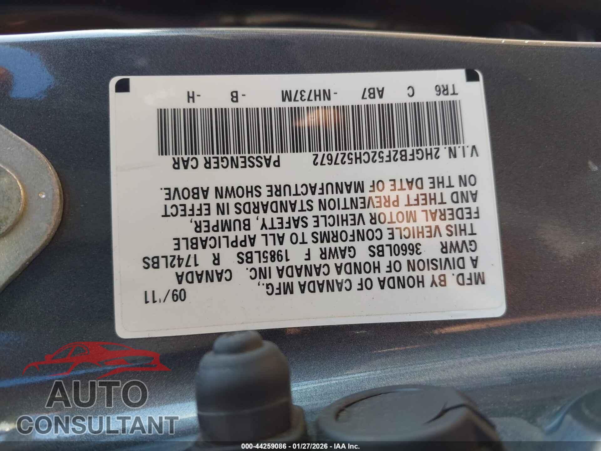 HONDA CIVIC 2012 - 2HGFB2F52CH527672