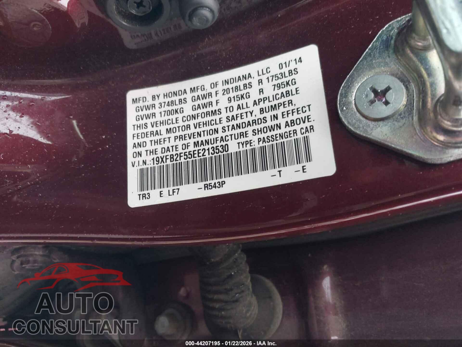 HONDA CIVIC 2014 - 19XFB2F55EE213530